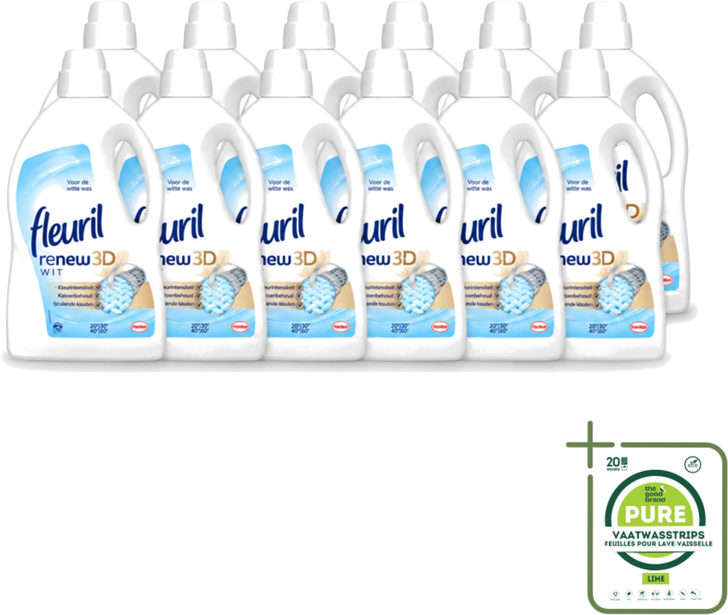 12 x Fleuril - Renew 3D - Vloeibaar Wasmiddel - Witte Was - 70 Wasbeurten - Grootverpakking - Vaatwasstrips - Wasmiddel Witte Was - Witte Was - Wasbeurt - Wasmiddel 3D - Kleurbehoud