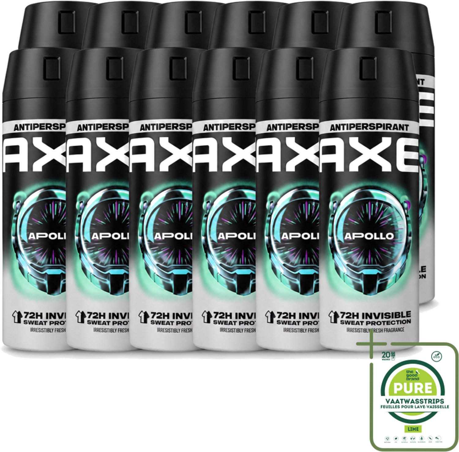 12 x Axe - Deodorant Spray - 72hrs Anti Sweat - Apollo - 150 ml - Grootverpakking - Vaatwasstrips - Anti Transpirant Spray - Zweetbestendig - 72 Uur Bescherming - Geur Groen Fruit - Geur Sandelhout