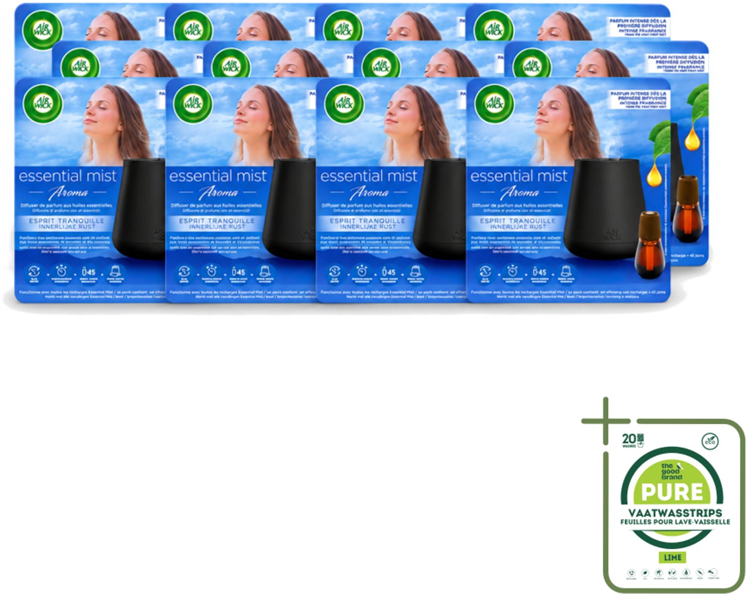 12 x Air Wick Essential Mist - Automatische Luchtverfrisser Kit - Innerlijke Rust - Eucalyptus & Lavendel - Grootverpakking - Vaatwasstrips - Luchtverfrisser - Aromatherapie - Eucalyptus - Lavendel - Rustgevende Geur