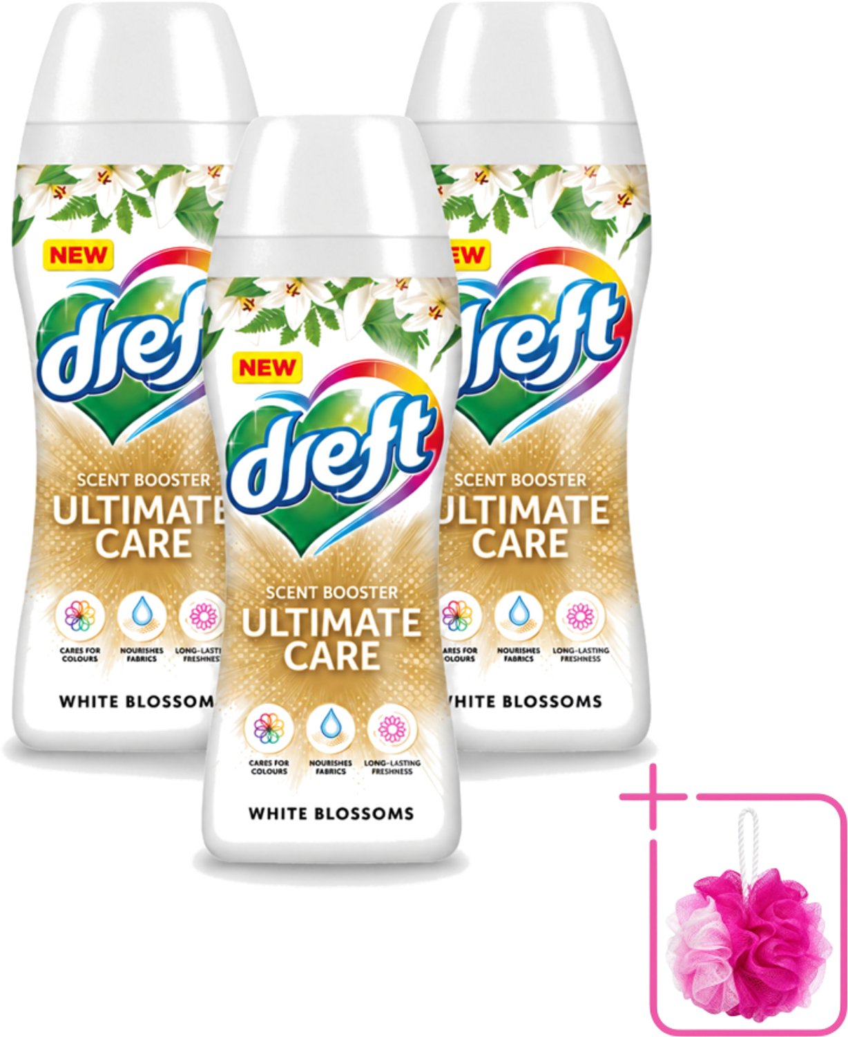 3 x Dreft - Ultimate Care - Wasverzachter - Geurbooster - Gekleurde Was - Witte Bloem - 15 Wasbeurten - Bulkverpakking - Wasmiddel - Douchemop - Geurbooster