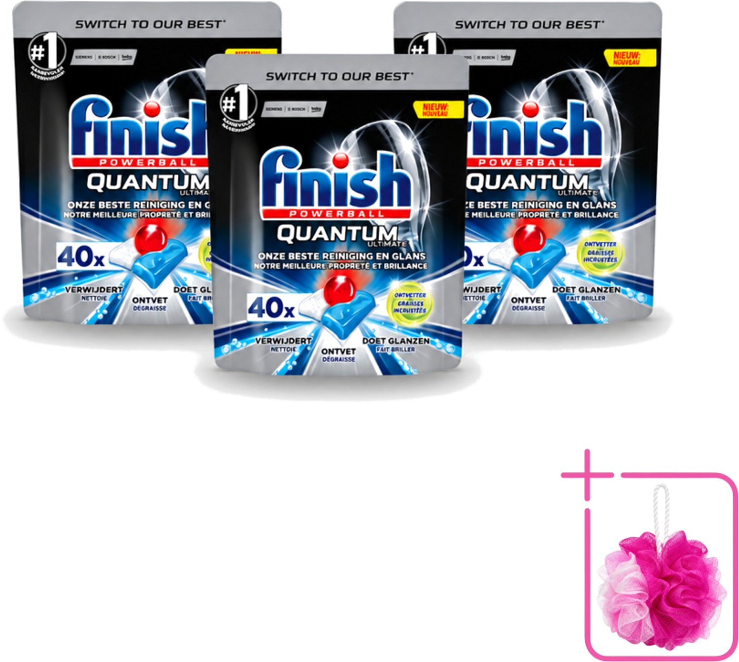 3 x Finish Powerball - Quantum Ultimate - Vaatwastabletten - Ontvetter - 40 Tabletten - Bulkverpakking - Vaatwasmiddel - Douchemop - Vaatwastablet
