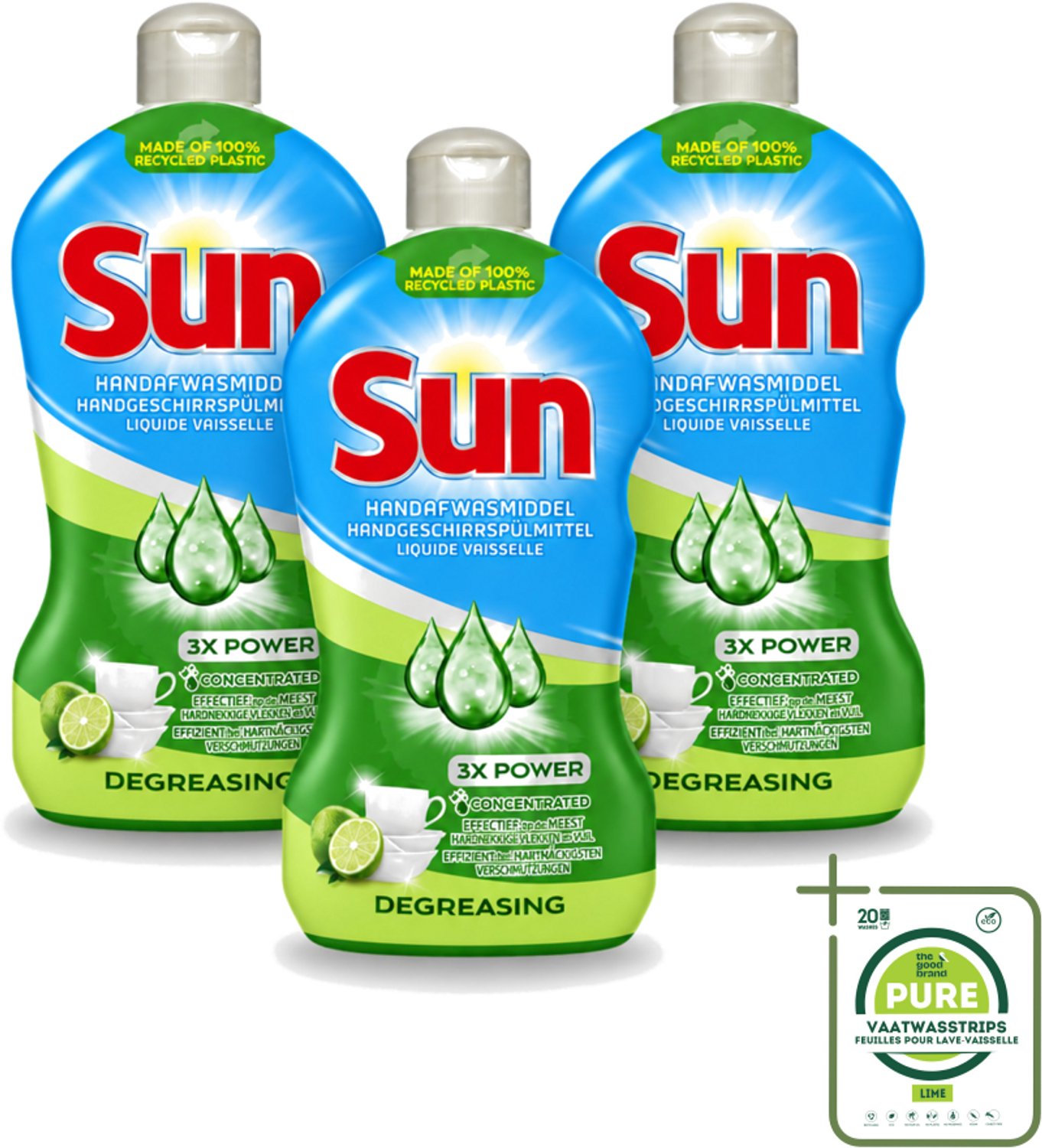 3 x Sun - Handafwasmiddel - Degreasing - Limoen - 450 ml - Grootverpakking - Vaatwasstrips - Handafwasmiddel - Vaatwas - Limoen - Afwasmiddel - Vetverwijderend