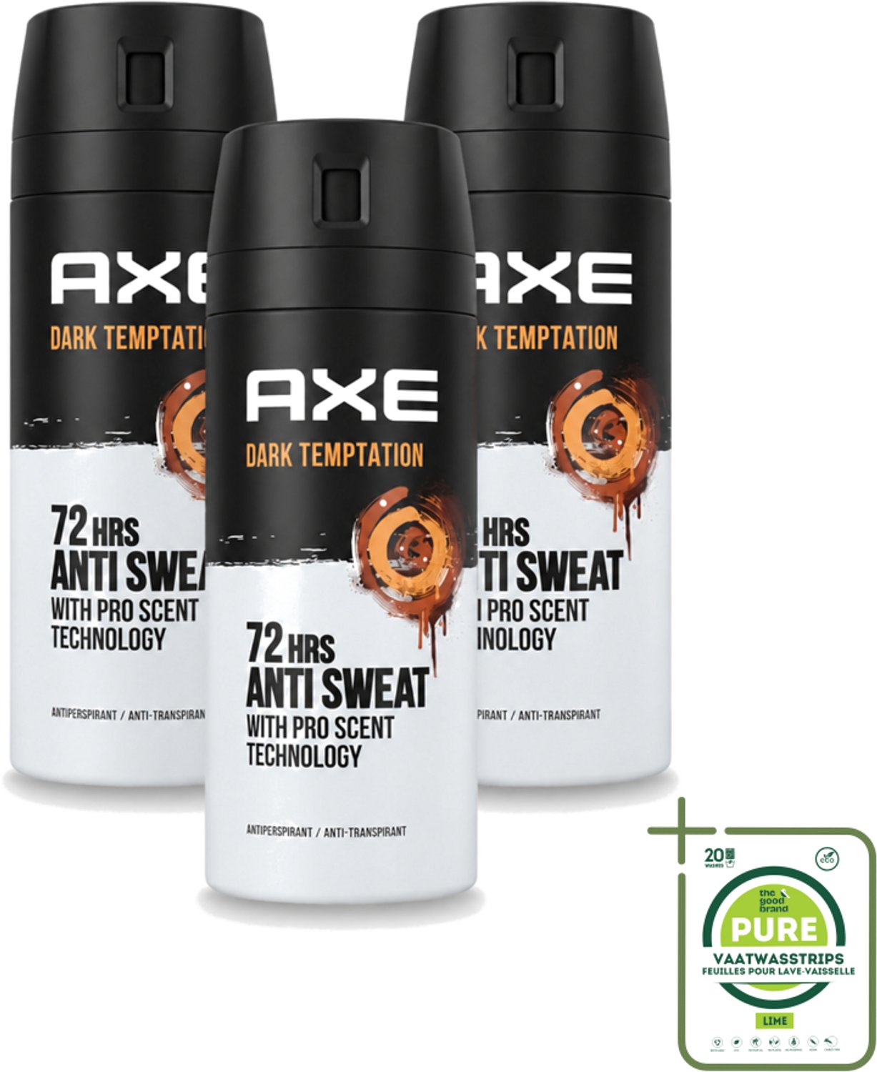 3 x Axe - Deodorant Spray - 72hrs Anti Sweat - Dark Temptation - 150 ml - Grootverpakking - Vaatwasstrips - Anti-sweat Spray - 72 Uur Bescherming - Zweetvoorkomend - Geur Chocolade - Kruiden Geur
