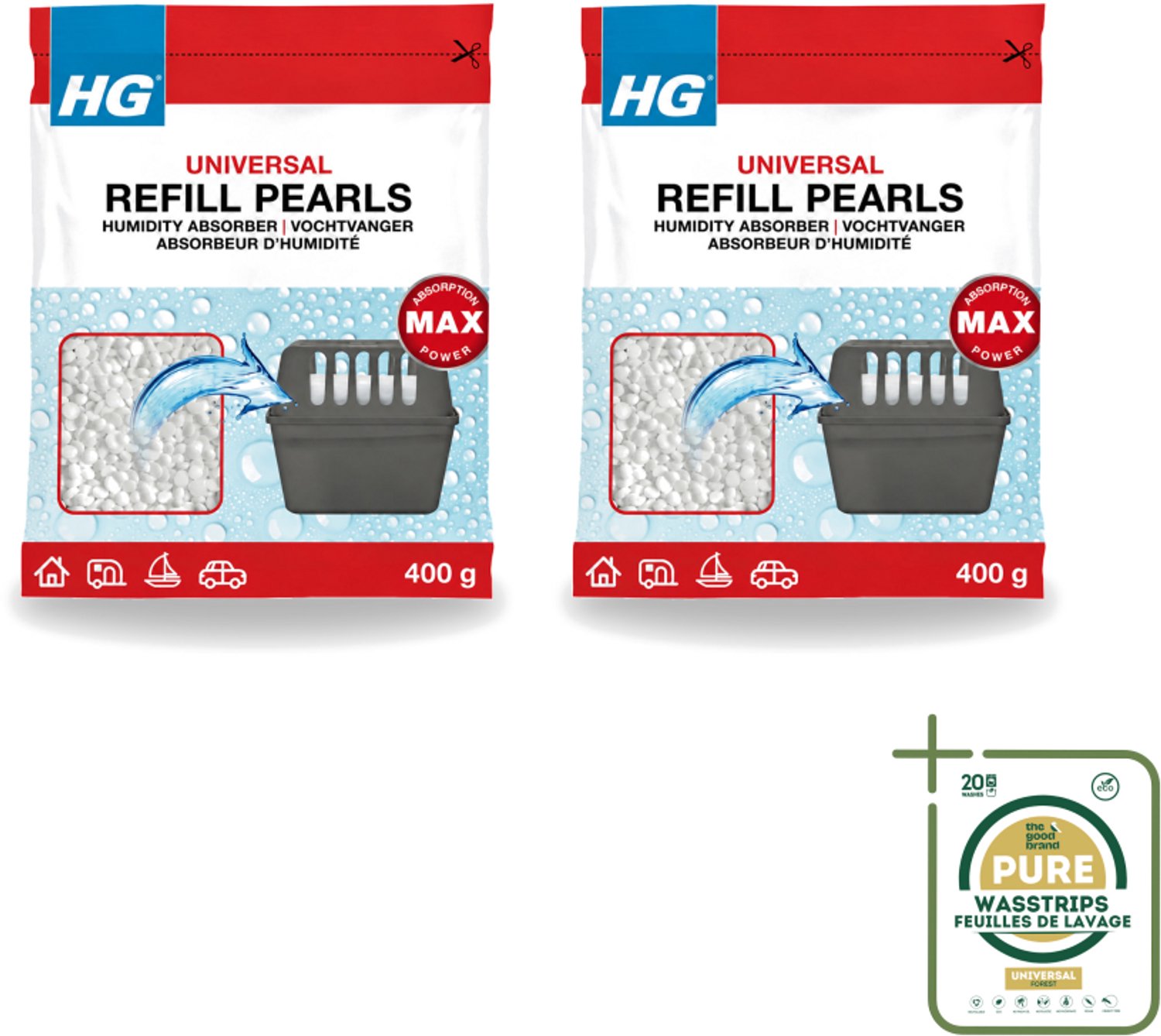2 x HG - Refill Pearls voor Vochtvanger - Navulling - 400 g - Wasstrips - Vochtvanger Navulling - Vochtabsorberende Parels - Calciumchloride Parels - Vochtvanger Vullen - Vochtvanger Herbruiken