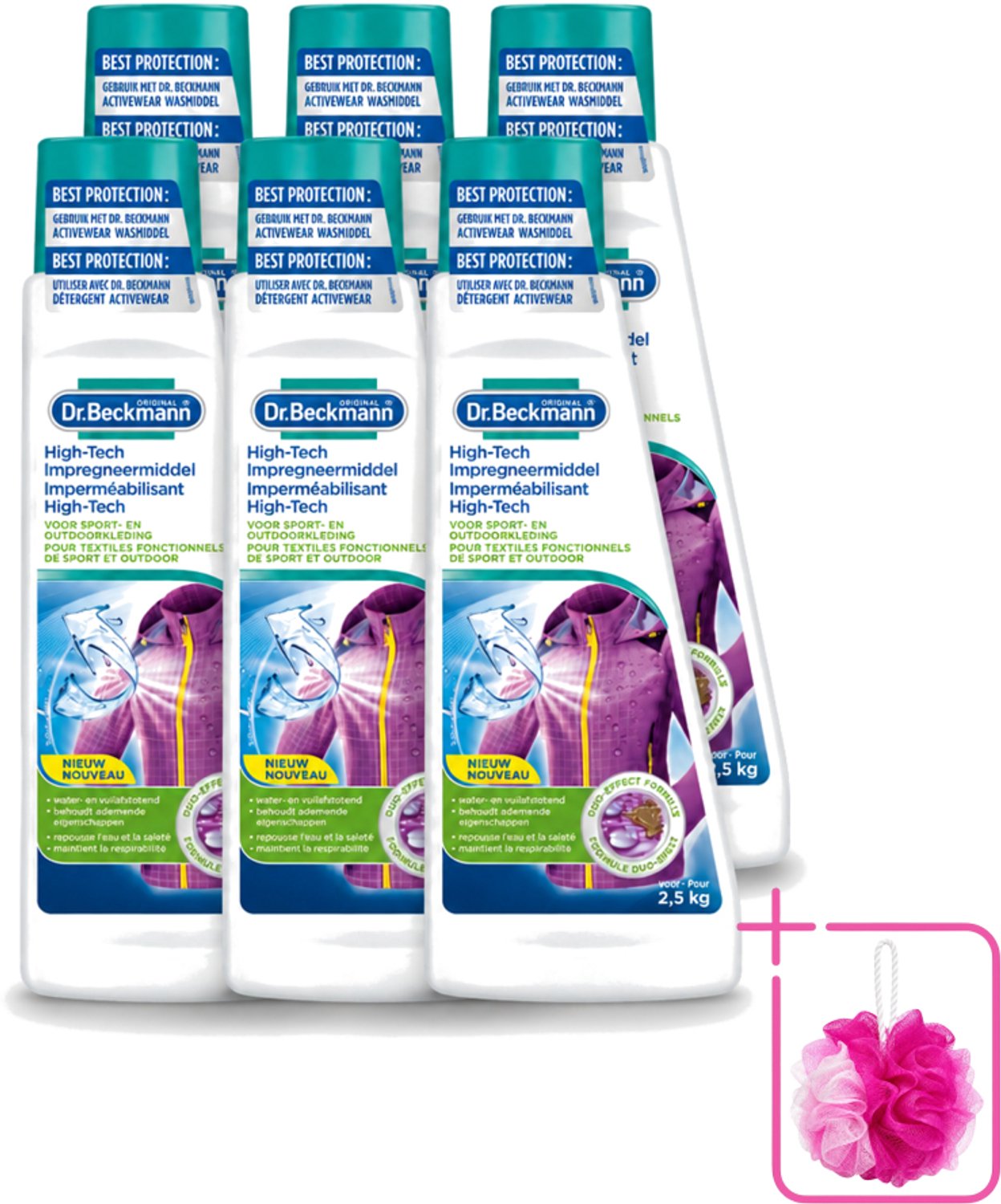 6 x Dr. Beckmann - High Tech Impregneermiddel - Sport- & Outdoorkleding - Witte en Gekleurde Was - 2.5 KG - Bulkverpakking - Sportkleding beschermen - Douchemop - Waterafstotend middel