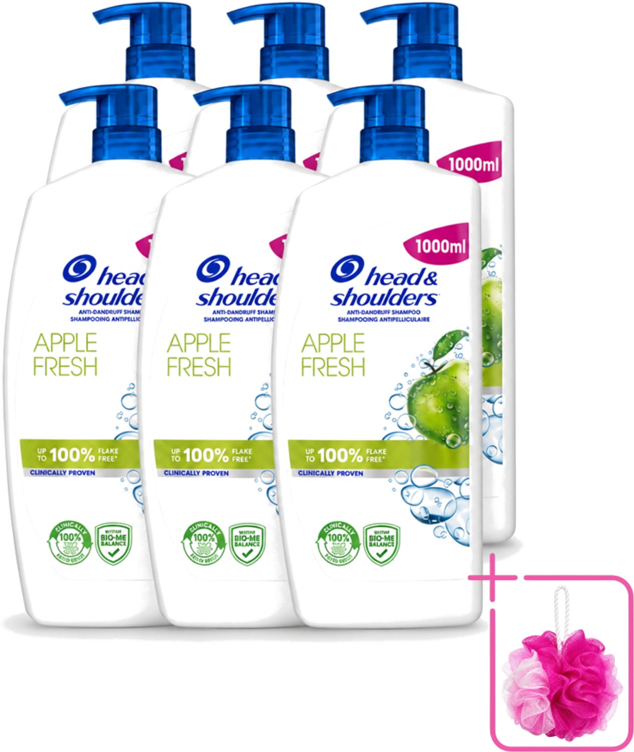 6 x Head & Shoulders - Anti-Roos Shampoo - Apple Fresh - Pompflacon - 1000 ml - Bulkverpakking - Roosvrij haar - Douchemop - Anti-roos shampoo
