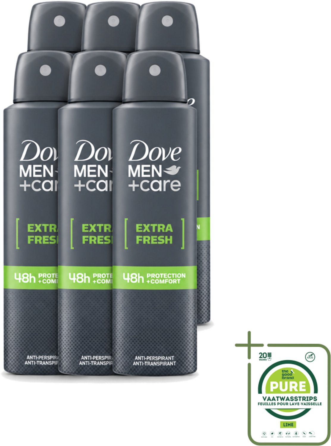 6 x Dove Men+Care - Extra Fresh - Deospray - Anti-Transpirant - 150 ml - Grootverpakking - Vaatwasstrips - Dove Men+Care Extra Fresh Deospray - Deospray Voor Mannen - Alcoholvrije Deospray - Okselbescherming - Transpiratiebescherming