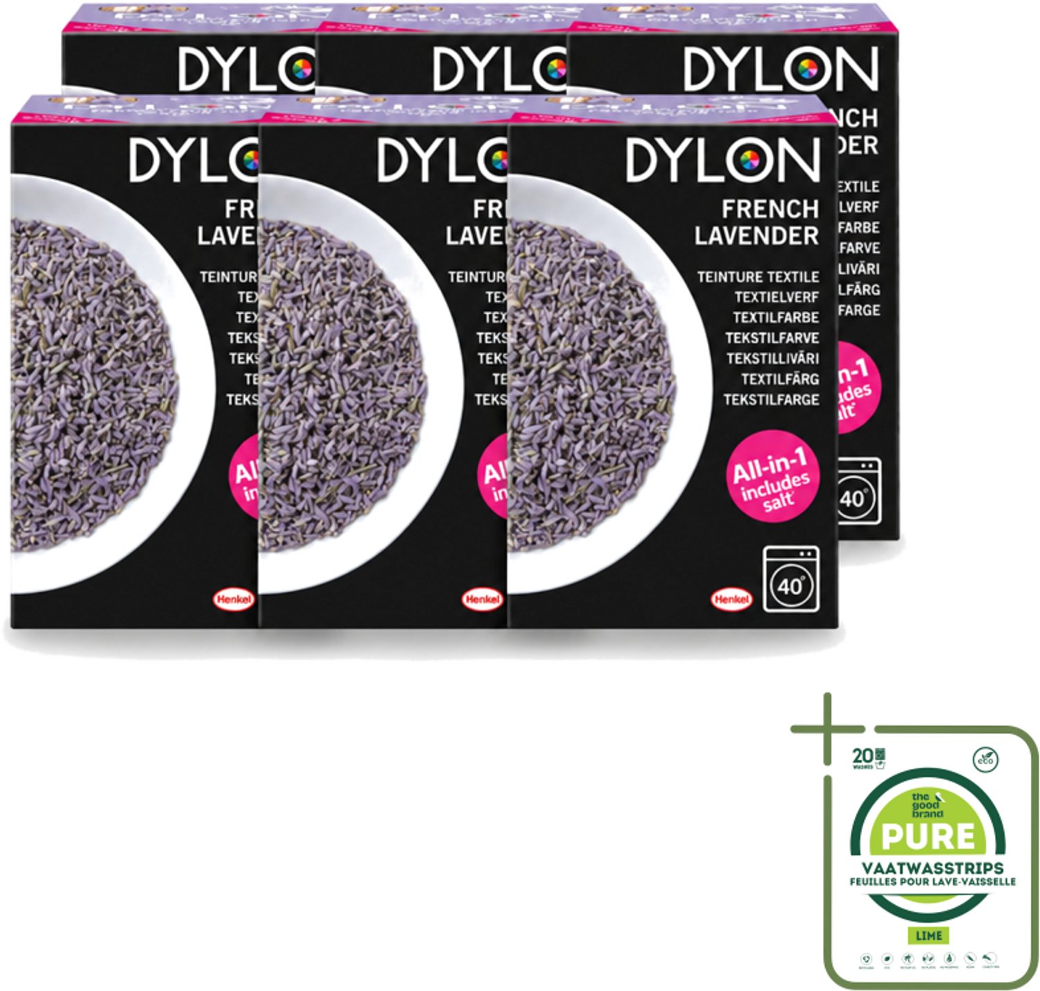 6 x Dylon - Textielverf - French Lavender - All-in-One - Inclusief Zout - 350g - Grootverpakking - Vaatwasstrips - Textielverf - Lavendelkleur - French Lavender - Zout - Stofverf
