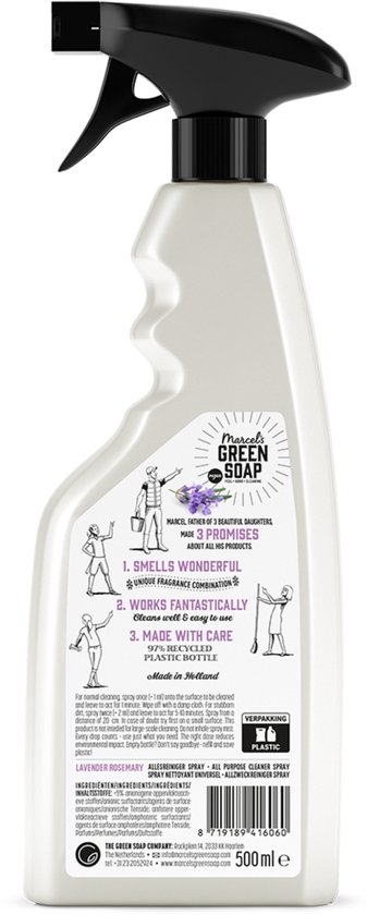 Achterkant van de Marcel's Green Soap allesreiniger spray fles, met informatie over de inhoud.