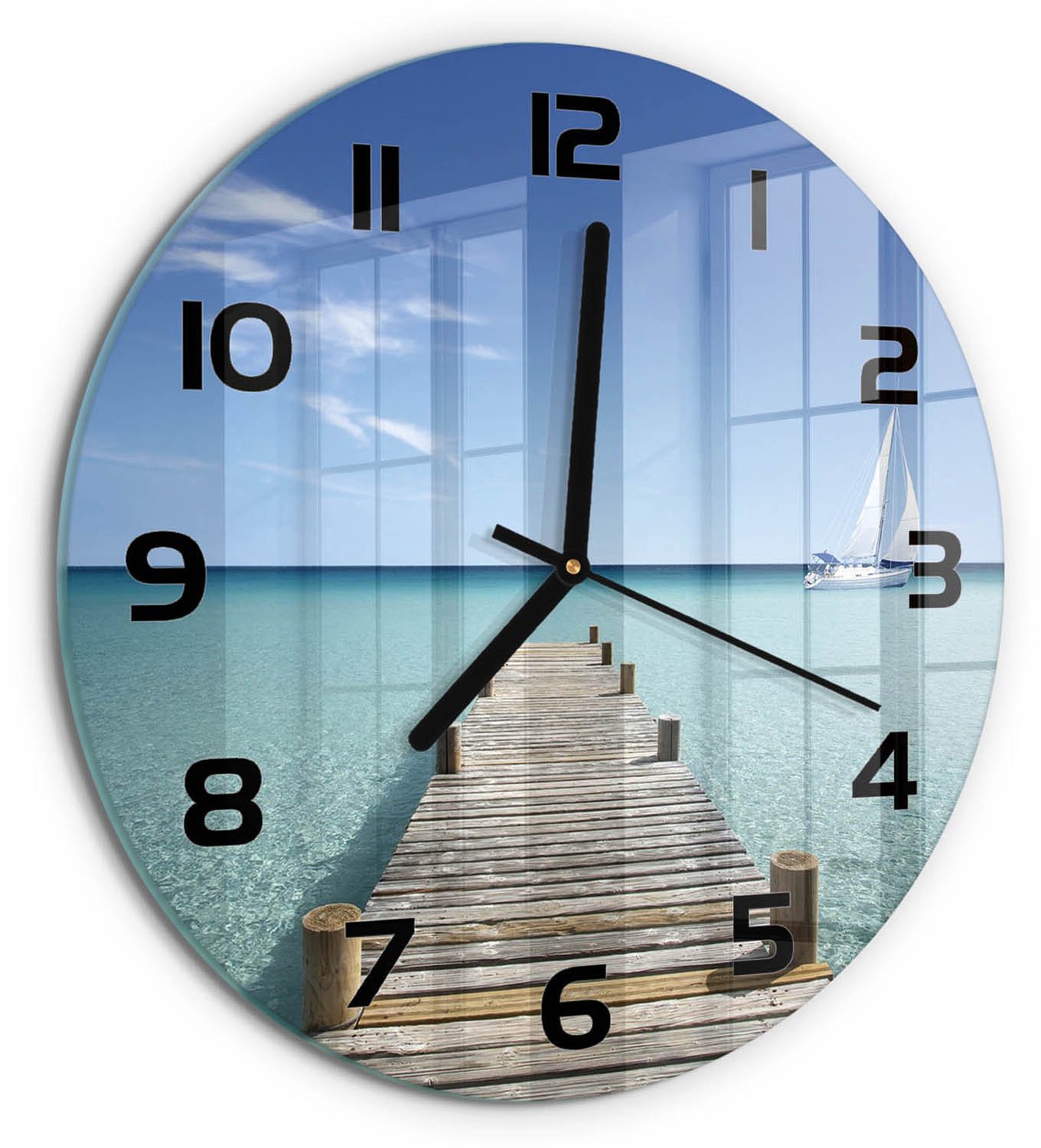 TULUP Wandklok - Houten brug Glazen Klok Met Print - fi30 cm - Blauw Wandklok Glas Met Motief - Zwarte handen - Ronde Klok - Wandklok Glas Decoratie - Gekleurde Glazen Klok
