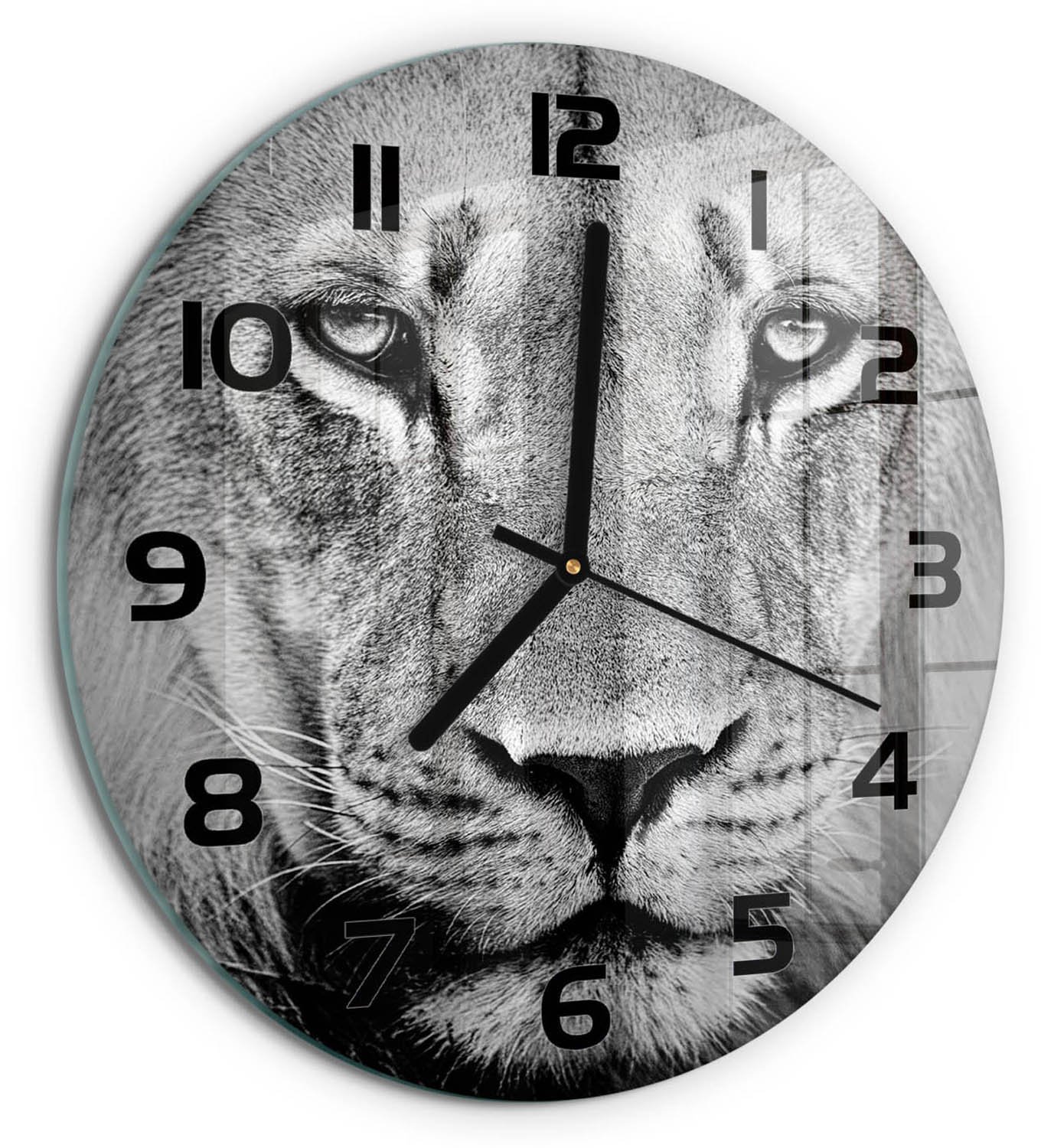 TULUP Wandklok - Leeuw Glazen Wandklok Design - fi30 cm - Zwart-wit Klok Glas Met Opdruk - Zwarte handen - Ronde Klok - Wandklok Glas Met Motief - Decoratieve Glazen Klok