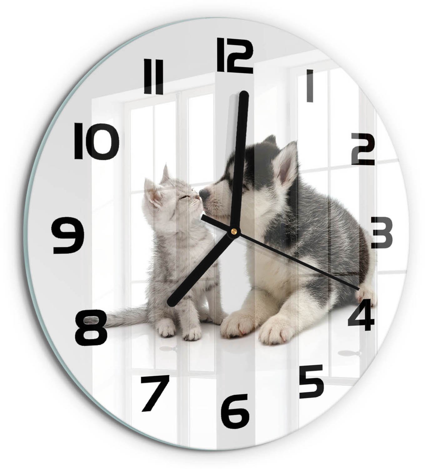 TULUP Wandklok - Hond en kat Glazen Wandklok Design - fi30 cm - Zwart Klok Glas Met Opdruk - Zwarte handen - Ronde Klok - Wandklok Glas Met Motief - Decoratieve Glazen Klok