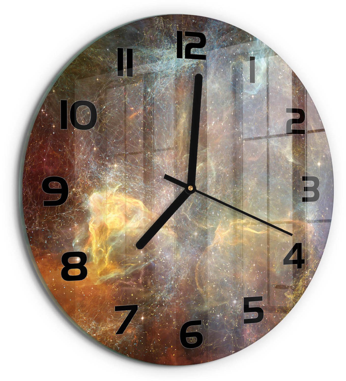 TULUP Wandklok - Kosmos Glazen Wandklok Design - fi30 cm - Veelkleurig Klok Glas Met Opdruk - Zwarte handen - Ronde Klok - Wandklok Glas Met Motief - Decoratieve Glazen Klok