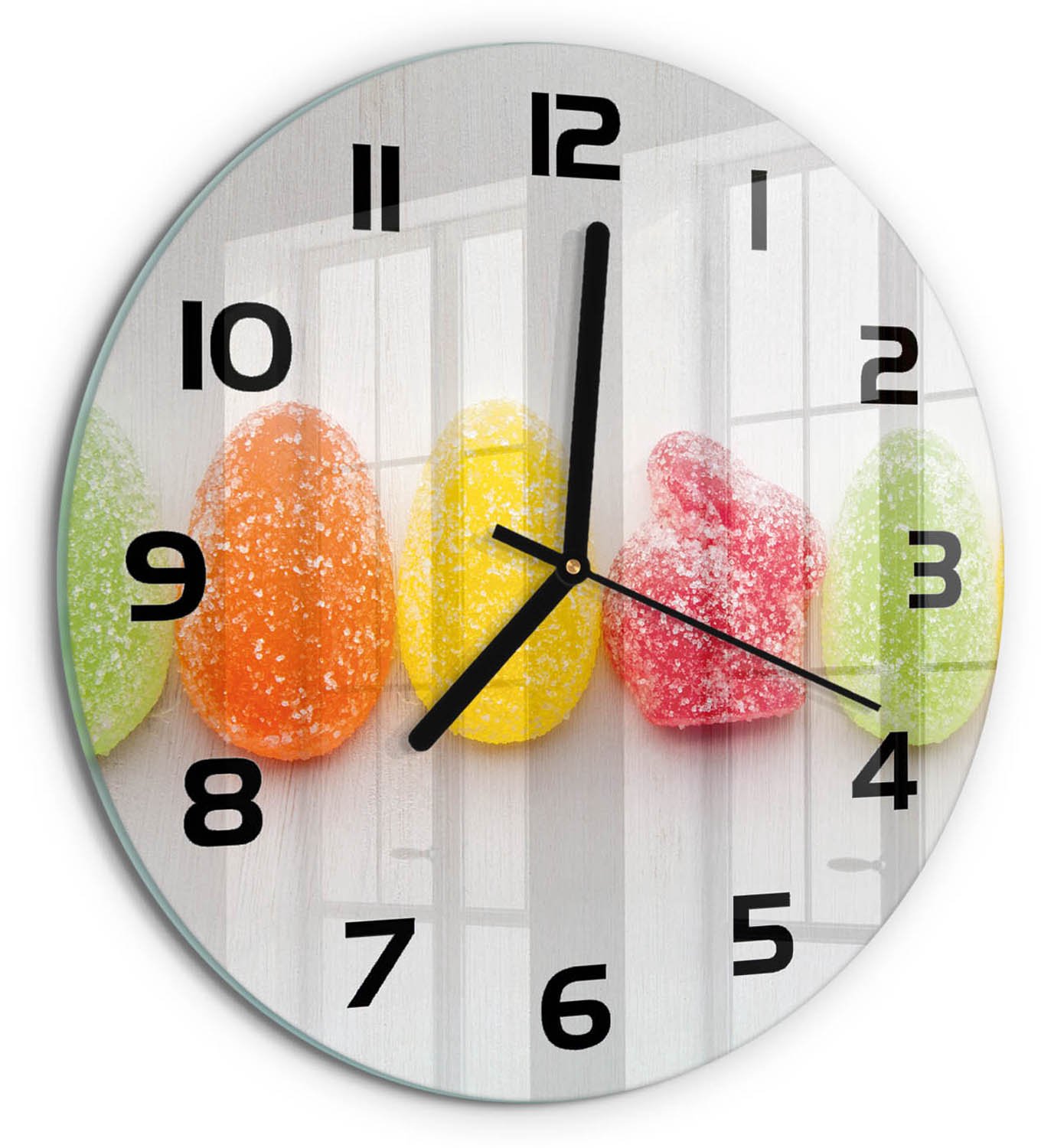 TULUP Wandklok - Kleurrijke Jelly Beans Glazen Klok Met Print - fi30 cm - Veelkleurig Wandklok Glas Met Motief - Zwarte handen - Ronde Klok - Wandklok Glas Decoratie - Gekleurde Glazen Klok