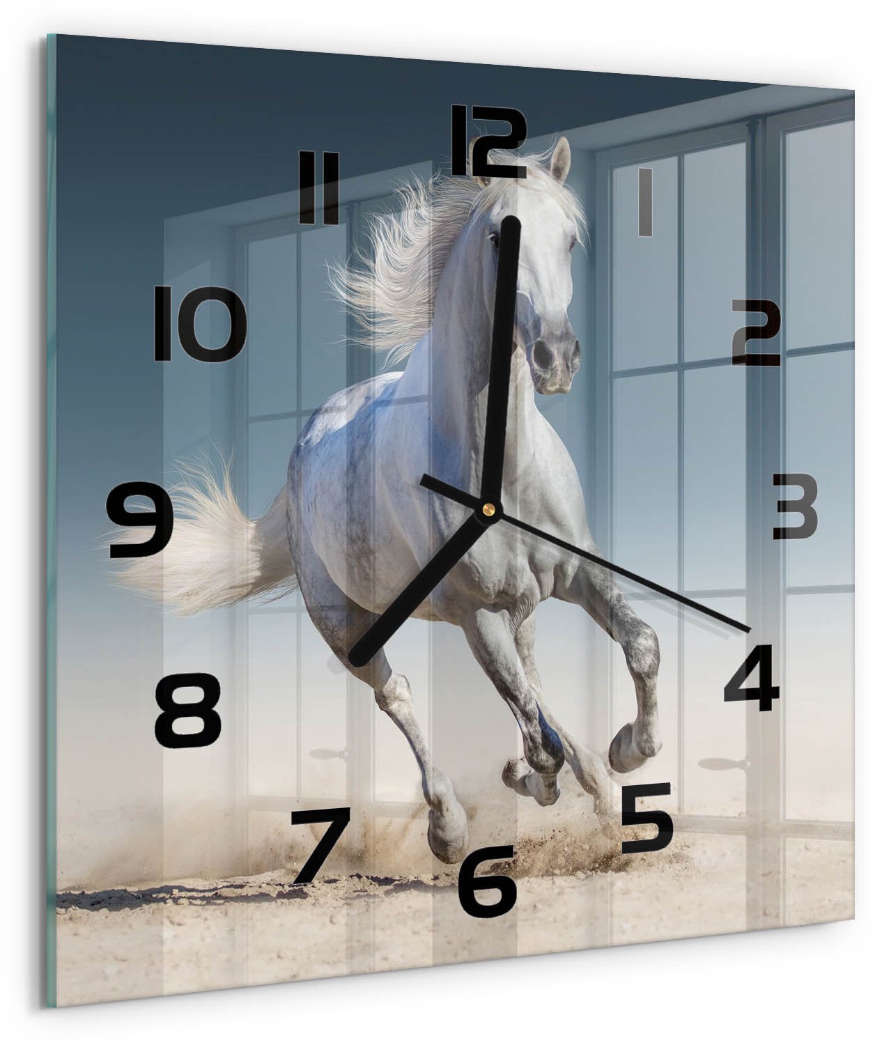 TULUP Wandklok - Galopperend grijs paard Moderne Wandklok Glas - 30x30 cm - Wit Wandklok Glas Decoratie - Zwarte handen - Vierkante Klok - Glazen Wandklok Design - Klok Glas Met Opdruk