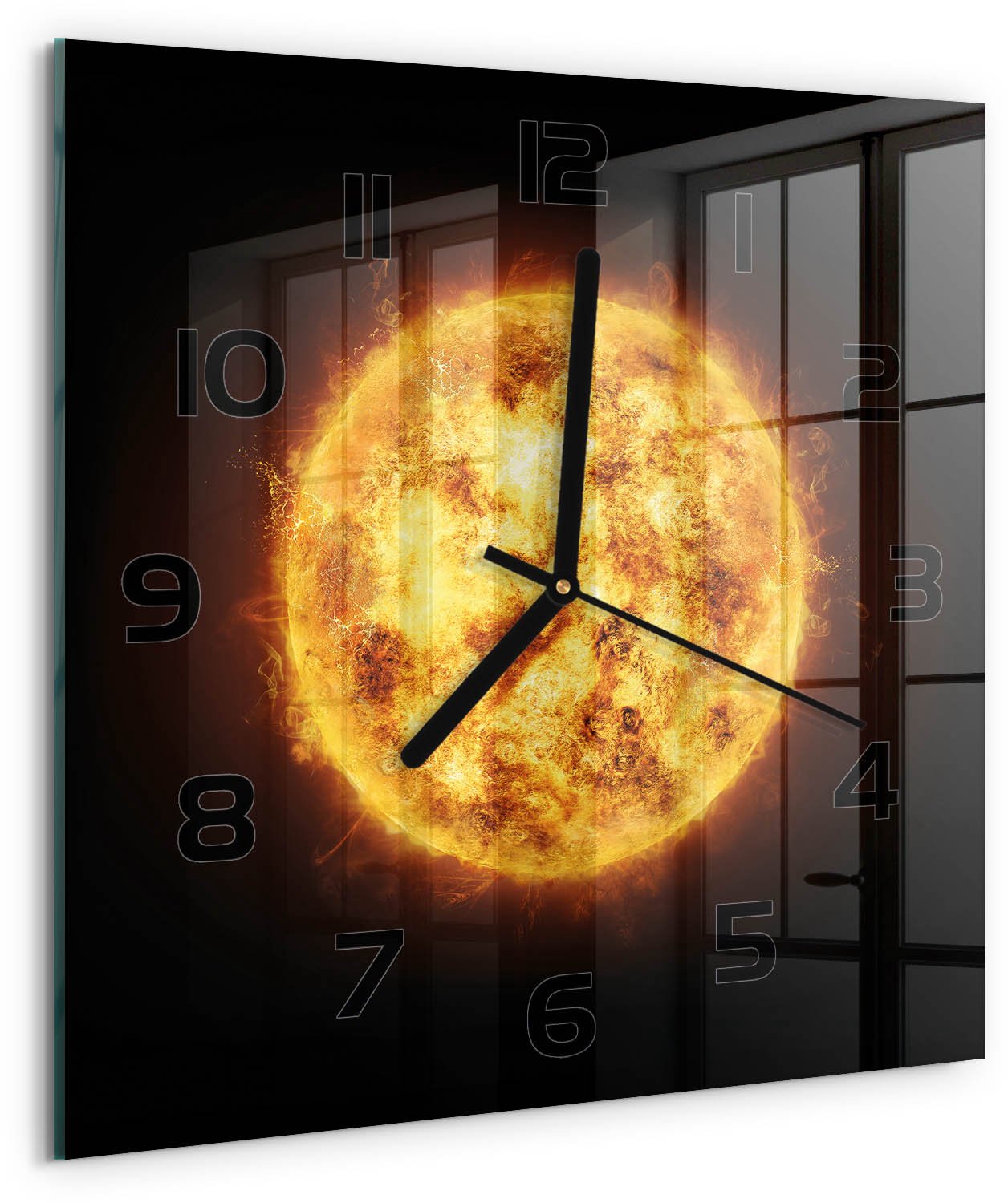 Tulup Wandklok - Zonnig Wandklok Glas Met Motief - 30x30 cm - Oranje Decoratieve Glazen Klok - Zwarte handen - Vierkante Klok - Gekleurde Glazen Klok - Glazen Klok Met Print