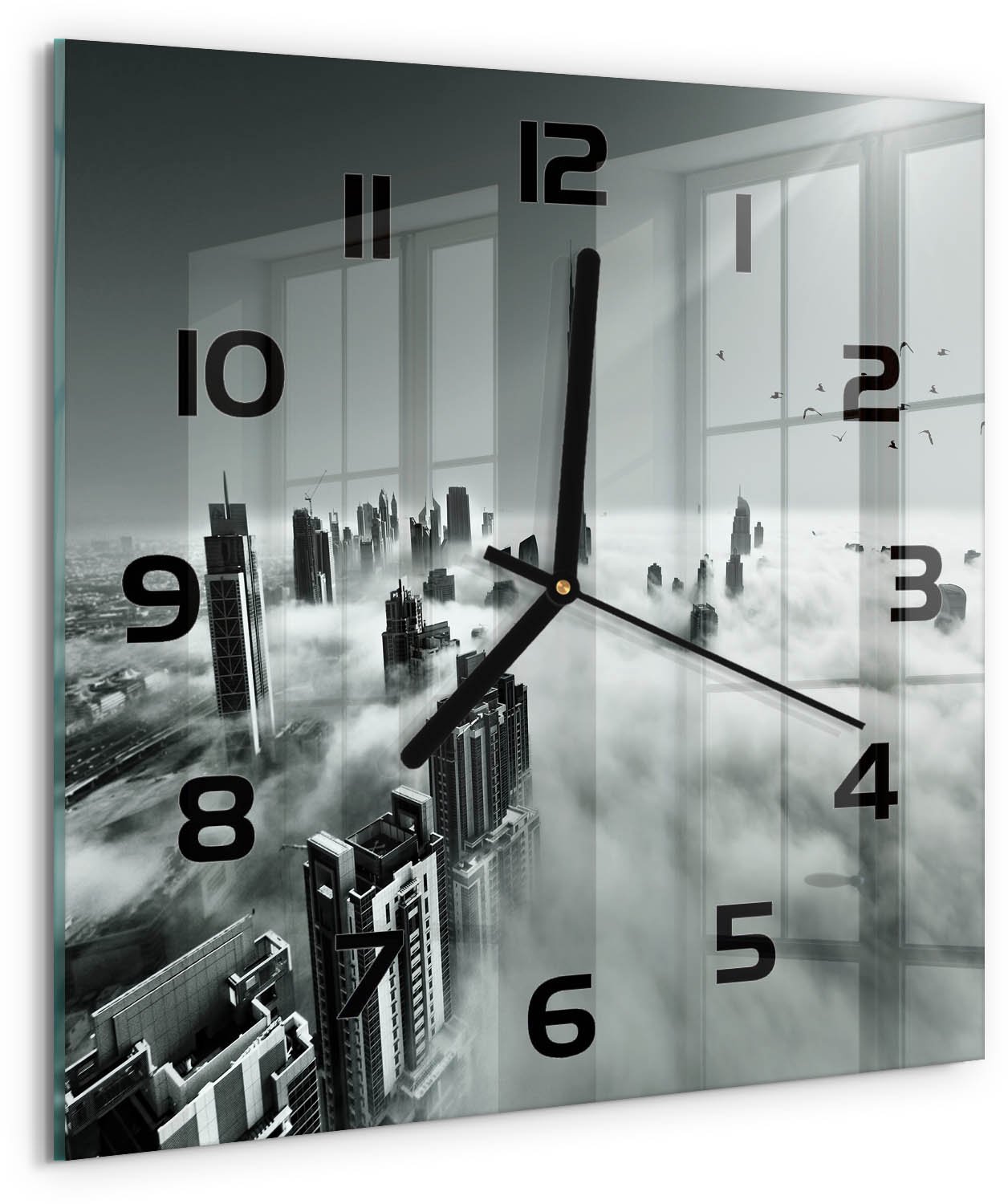 Tulup Wandklok - Mist boven Dubai Glazen Klok Met Print - 30x30 cm - Zwart-wit Wandklok Glas Met Motief - Zwarte handen - Vierkante Klok - Wandklok Glas Decoratie - Gekleurde Glazen Klok