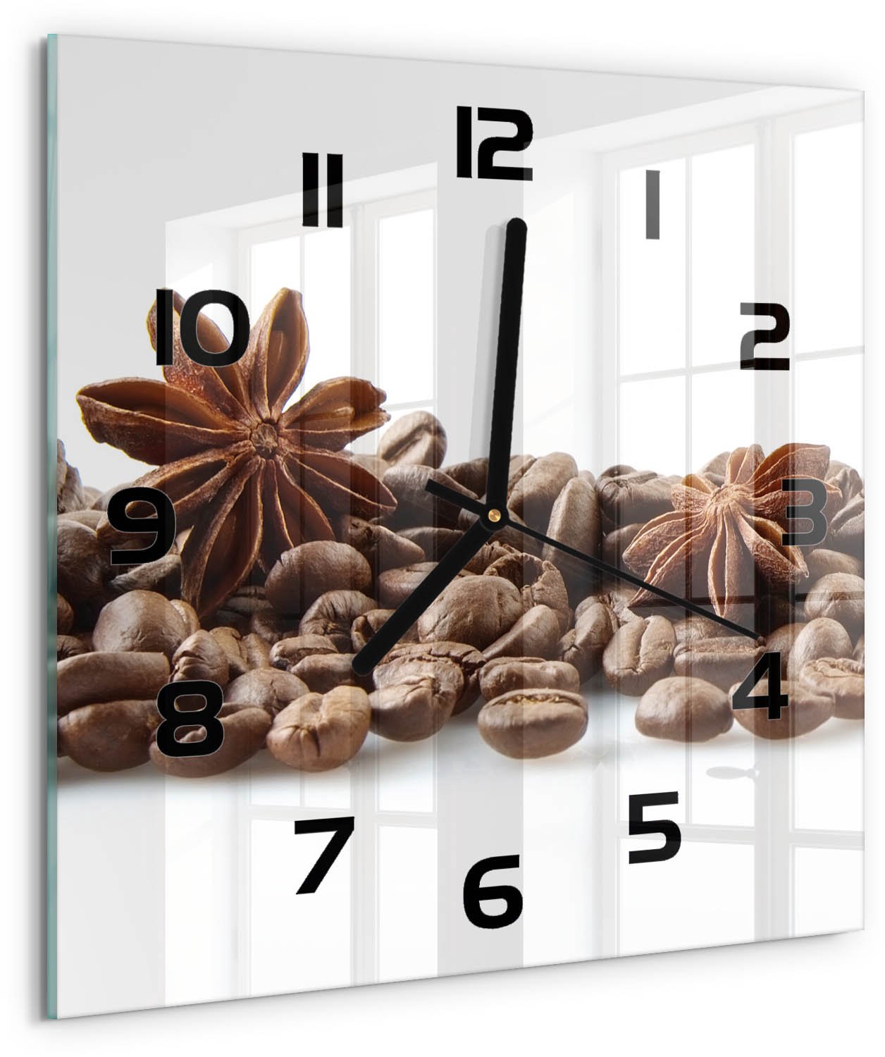 TULUP Wandklok - Kaneelkorrels Gekleurde Glazen Klok - 30x30 cm - Bruin Glazen Klok Met Print - Zwarte handen - Vierkante Klok - Moderne Wandklok Glas - Wandklok Glas Decoratie