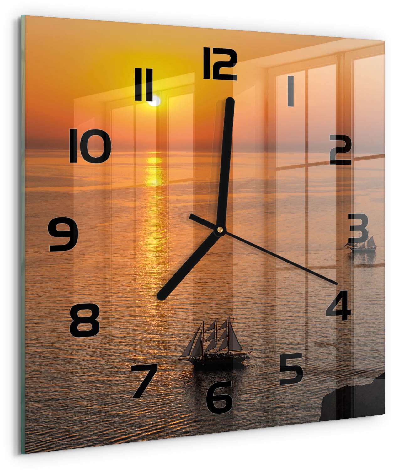 TULUP Wandklok - Zonsondergang Zee Glazen Klok Met Print - 30x30 cm - Oranje Wandklok Glas Met Motief - Zwarte handen - Vierkante Klok - Wandklok Glas Decoratie - Gekleurde Glazen Klok