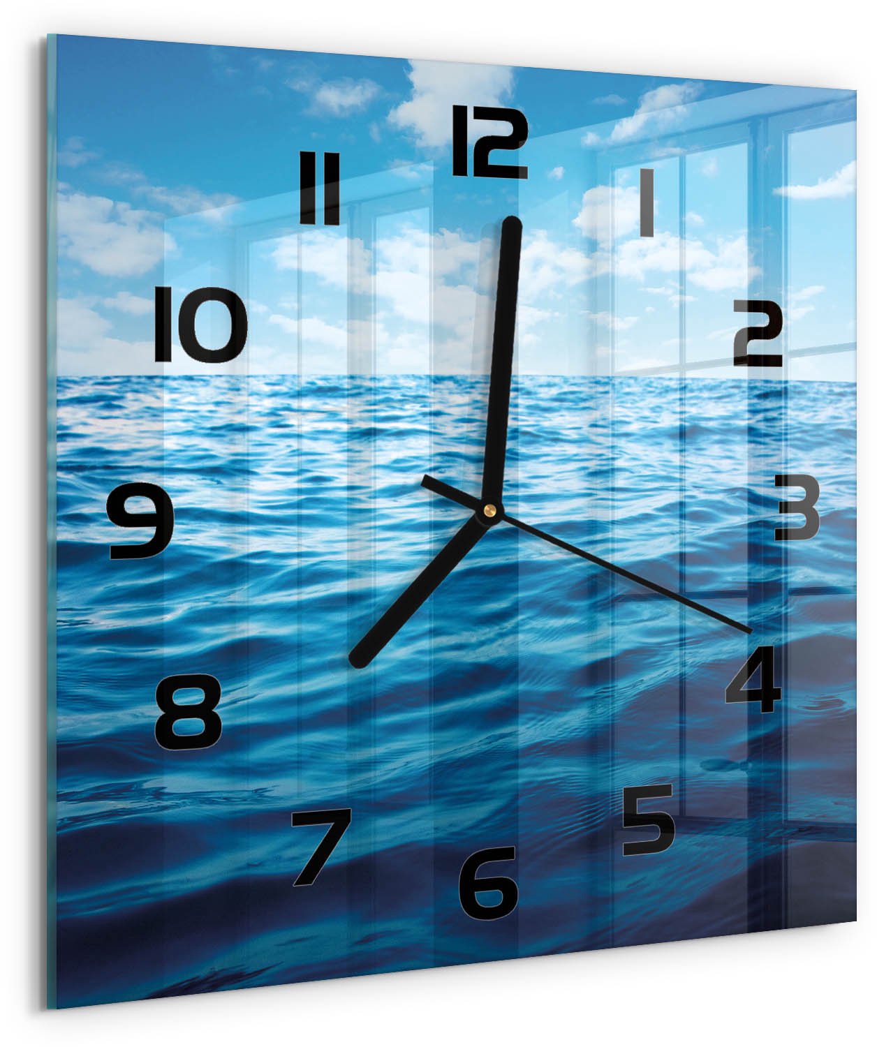 Tulup Wandklok - Zeewater Wandklok Glas Met Motief - 30x30 cm - Blauw Decoratieve Glazen Klok - Zwarte handen - Vierkante Klok - Gekleurde Glazen Klok - Glazen Klok Met Print