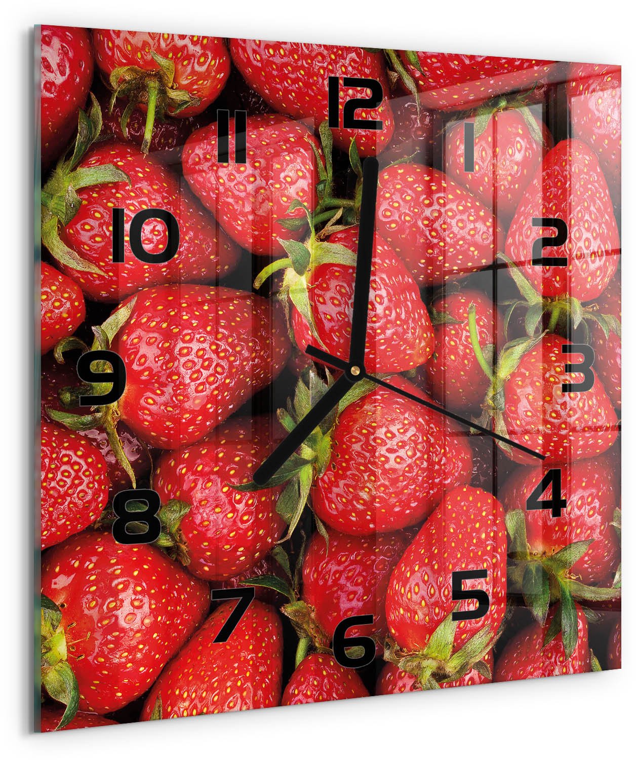 TULUP Wandklok - Aardbeien Glazen Klok Met Print - 30x30 cm - Rood Wandklok Glas Met Motief - Zwarte handen - Vierkante Klok - Wandklok Glas Decoratie - Gekleurde Glazen Klok