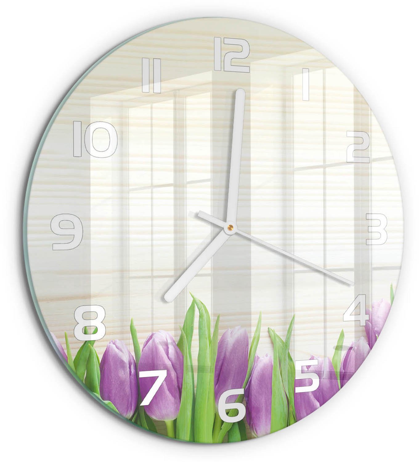TULUP Wandklok - Paarse tulpen Klok Glas Met Opdruk - fi30 cm - Paars Moderne Wandklok Glas - Witte handen - Ronde Klok - Decoratieve Glazen Klok - Glazen Wandklok Design