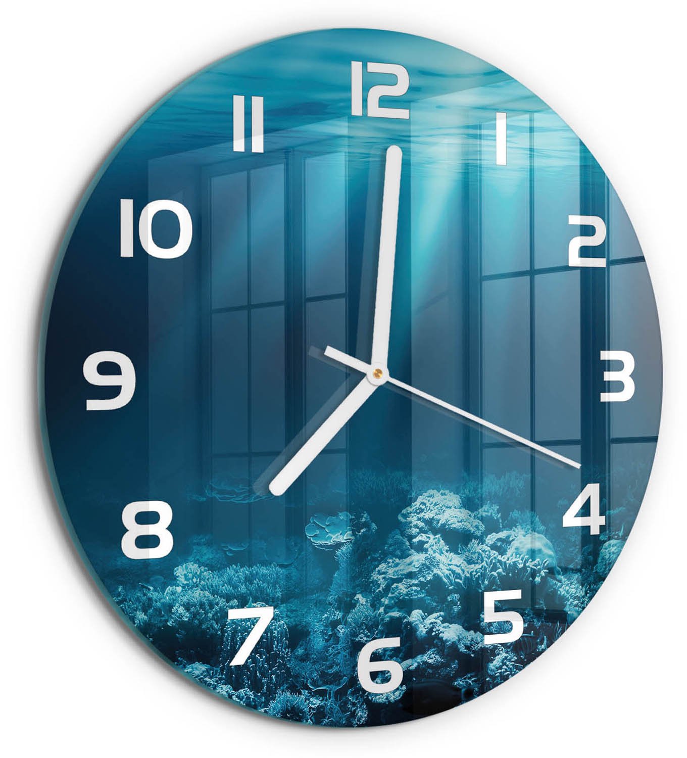 TULUP Wandklok - Onderwaterwereld Decoratieve Glazen Klok - fi30 cm - Blauw Glazen Wandklok Design - Witte handen - Ronde Klok - Glazen Klok Met Print - Wandklok Glas Met Motief