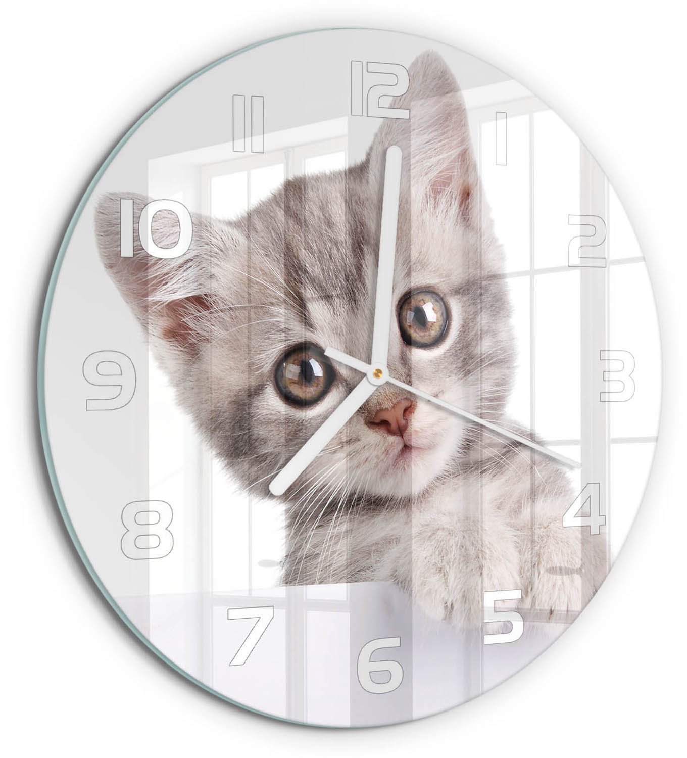 TULUP Wandklok - Grijze kat Glazen Wandklok Design - fi30 cm - Grijs Klok Glas Met Opdruk - Witte handen - Ronde Klok - Wandklok Glas Met Motief - Decoratieve Glazen Klok
