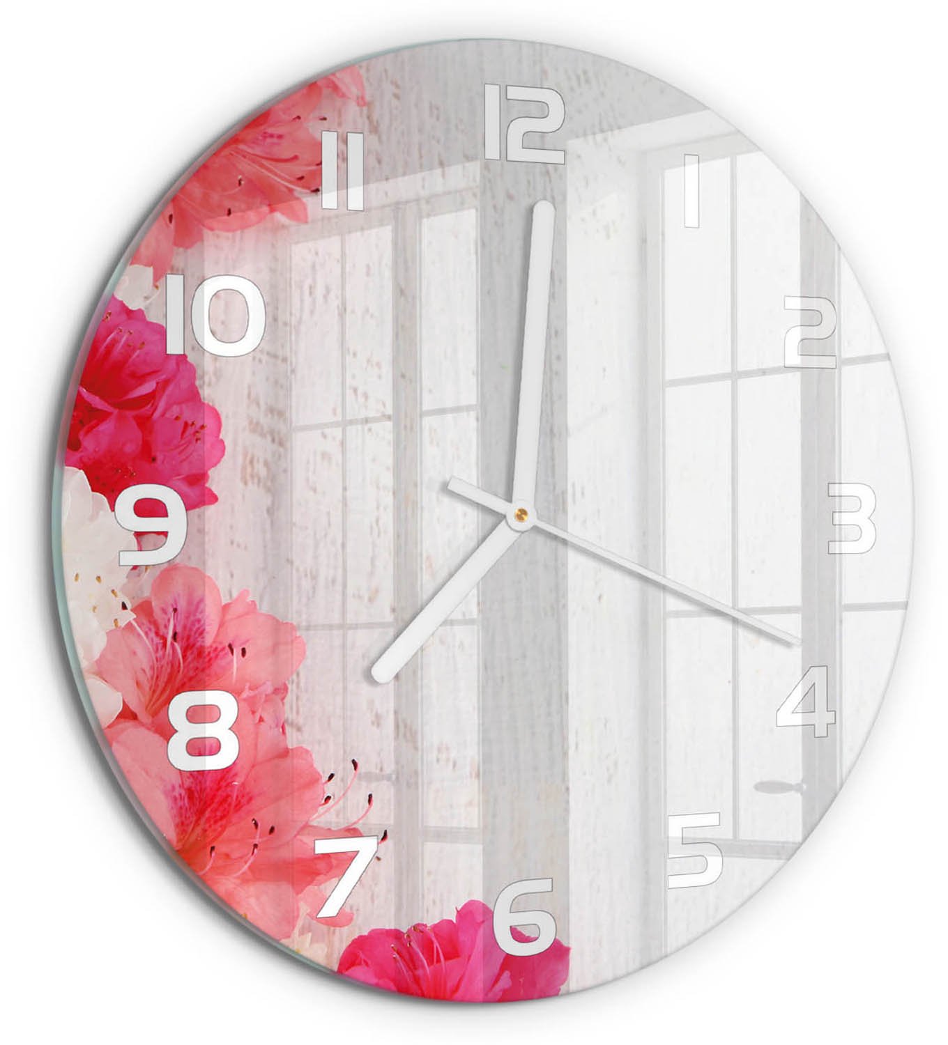 TULUP Wandklok - Bloemen Gekleurde Glazen Klok - fi30 cm - Roze Glazen Klok Met Print - Witte handen - Ronde Klok - Moderne Wandklok Glas - Wandklok Glas Decoratie