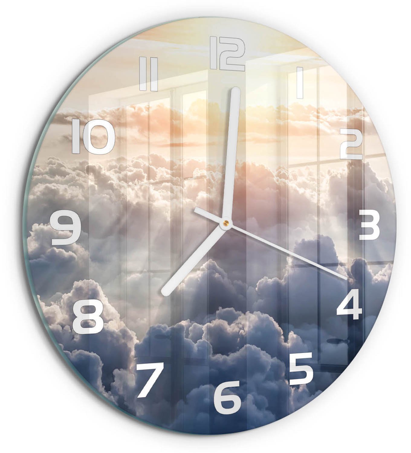 TULUP Wandklok - Wolken gezien vanuit vogelperspectief Klok Glas Met Opdruk - fi30 cm - Geel Moderne Wandklok Glas - Witte handen - Ronde Klok - Decoratieve Glazen Klok - Glazen Wandklok Design