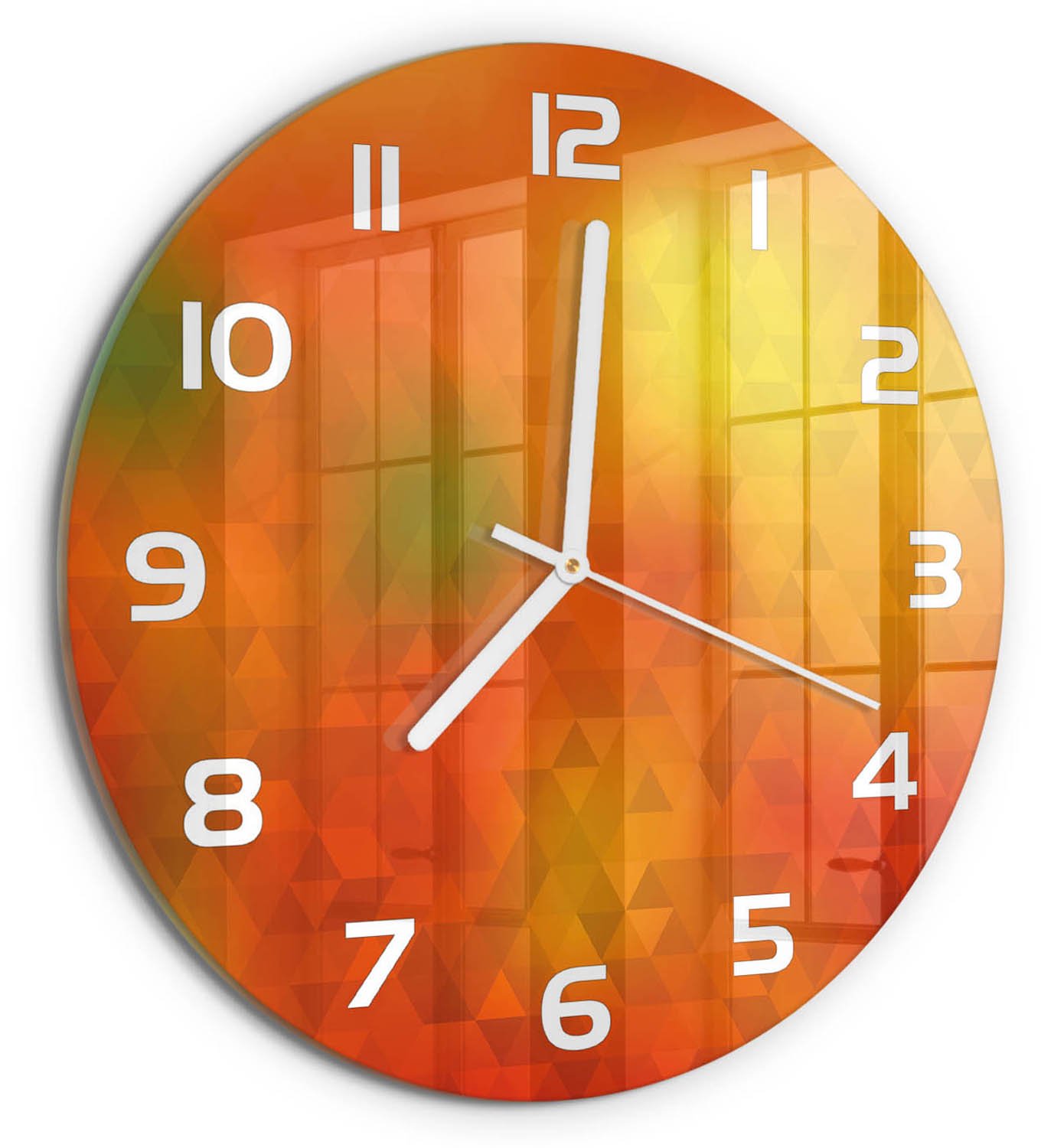 TULUP Wandklok - Driehoeken van abstractie Glazen Klok Met Print - fi30 cm - Oranje Wandklok Glas Met Motief - Witte handen - Ronde Klok - Wandklok Glas Decoratie - Gekleurde Glazen Klok
