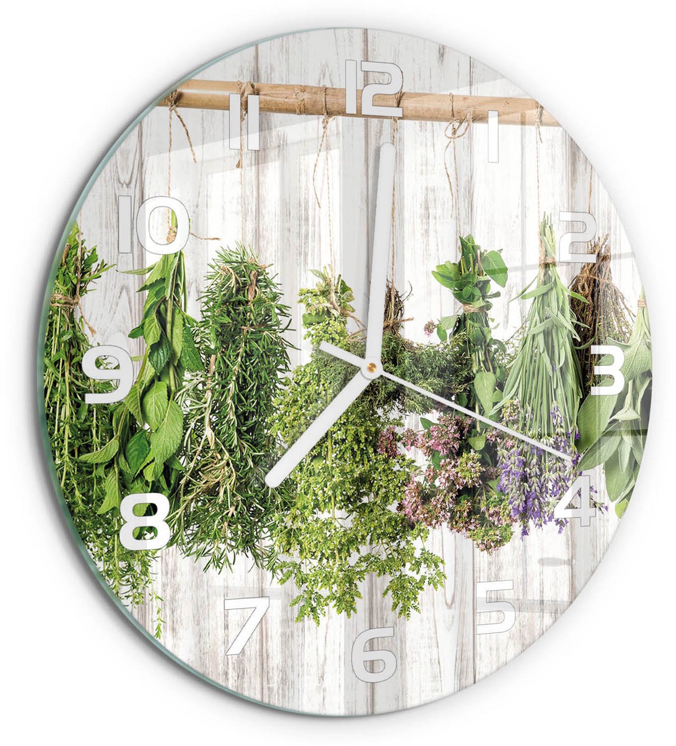 TULUP Wandklok - Kruiden aan een touwtje Wandklok Glas Decoratie - fi30 cm - Groente Gekleurde Glazen Klok - Witte handen - Ronde Klok - Klok Glas Met Opdruk - Moderne Wandklok Glas