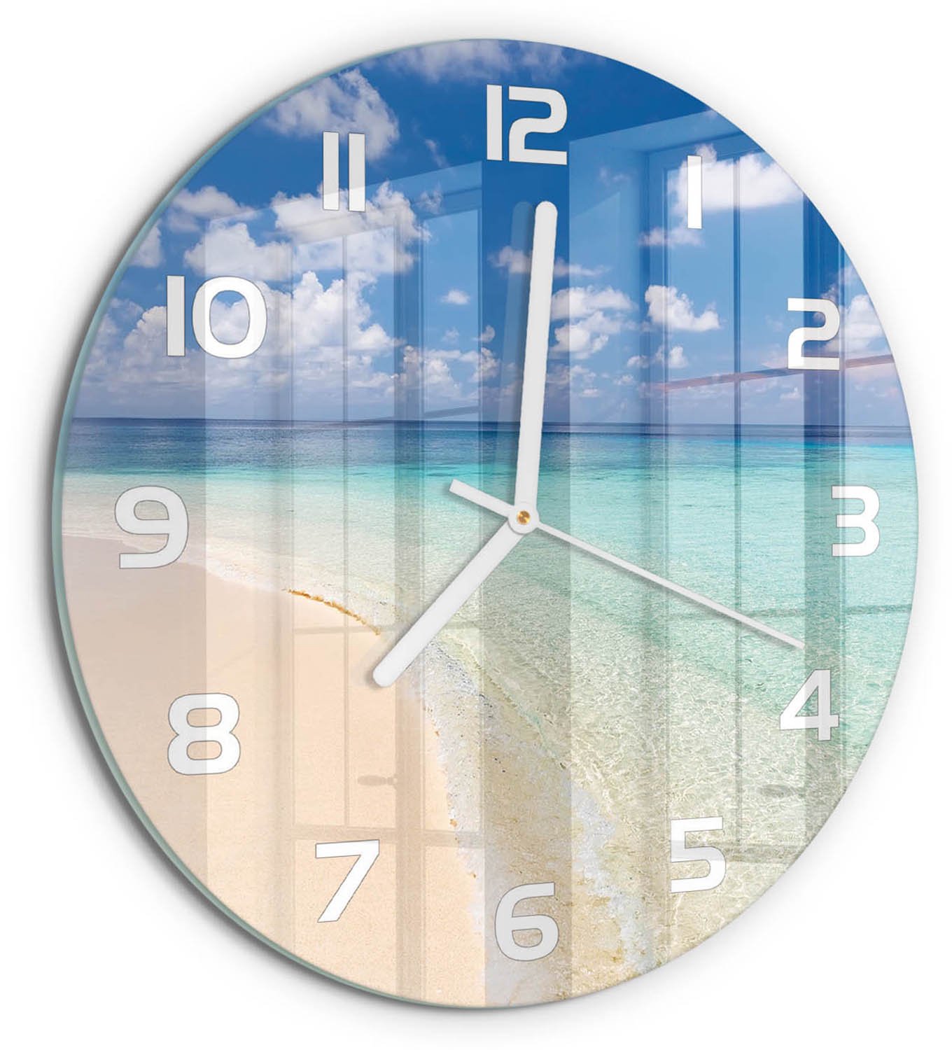 TULUP Wandklok - Strand op de Malediven Gekleurde Glazen Klok - fi30 cm - Blauw Glazen Klok Met Print - Witte handen - Ronde Klok - Moderne Wandklok Glas - Wandklok Glas Decoratie