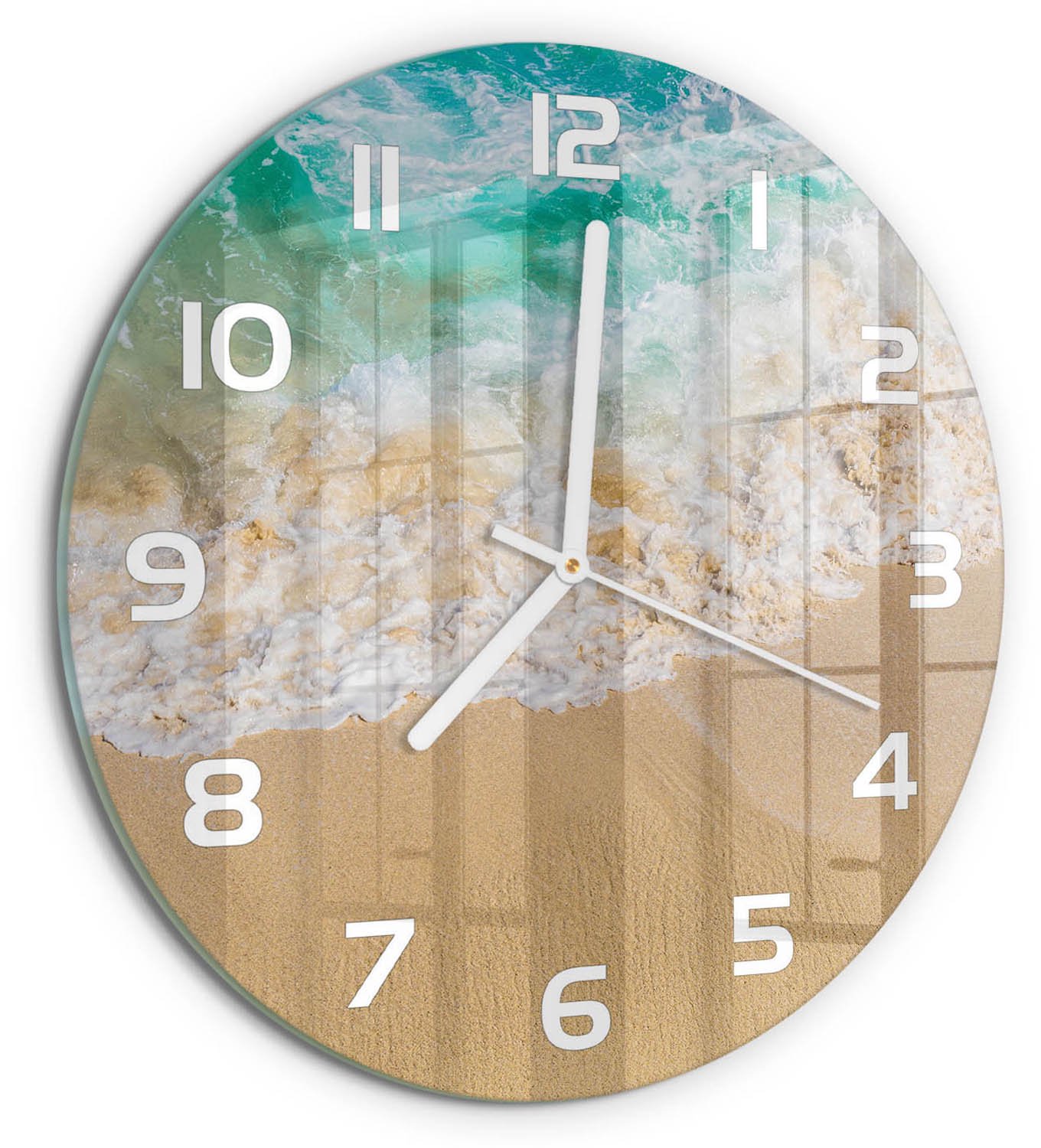 TULUP Wandklok - Strand en zee Klok Glas Met Opdruk - fi30 cm - Blauw Moderne Wandklok Glas - Witte handen - Ronde Klok - Decoratieve Glazen Klok - Glazen Wandklok Design