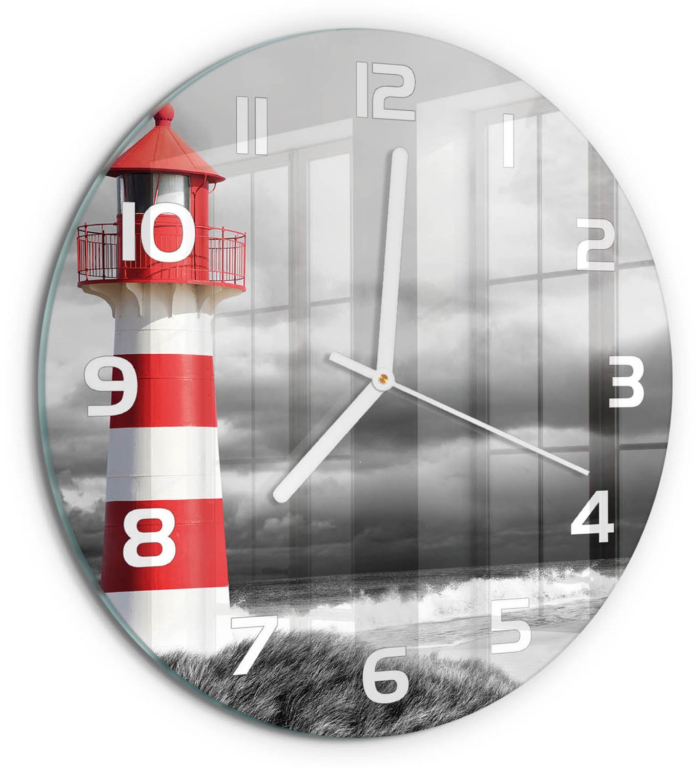 TULUP Wandklok - Vuurtoren Wandklok Glas Decoratie - fi30 cm - Rood Gekleurde Glazen Klok - Witte handen - Ronde Klok - Klok Glas Met Opdruk - Moderne Wandklok Glas