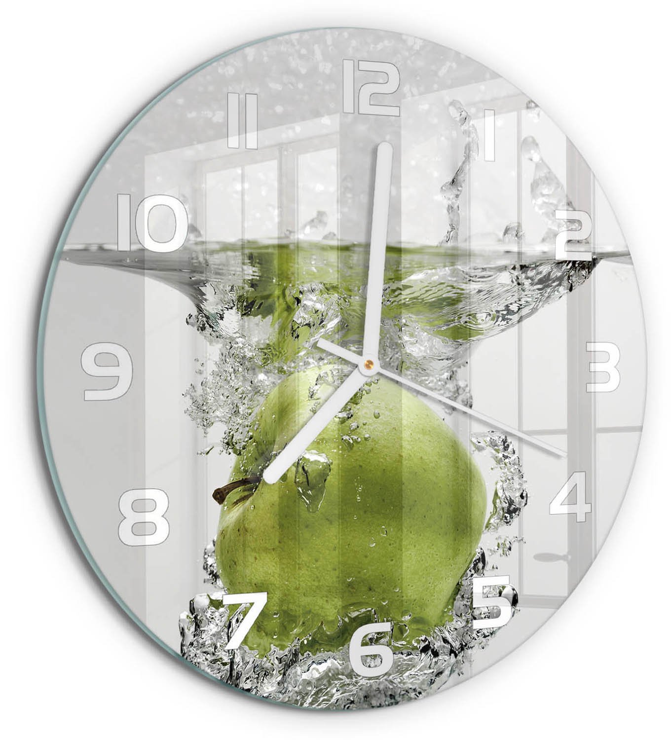 TULUP Wandklok - Appel onder water Glazen Klok Met Print - fi30 cm - Groente Wandklok Glas Met Motief - Witte handen - Ronde Klok - Wandklok Glas Decoratie - Gekleurde Glazen Klok