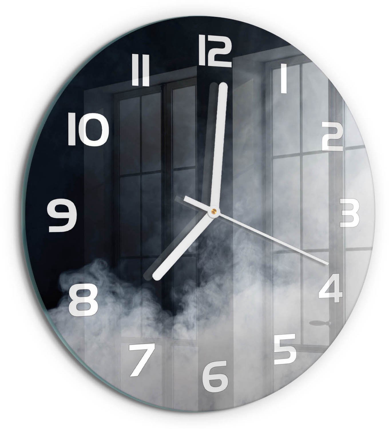 TULUP Wandklok - Witte rook Decoratieve Glazen Klok - fi30 cm - zwart Glazen Wandklok Design - Witte handen - Ronde Klok - Glazen Klok Met Print - Wandklok Glas Met Motief