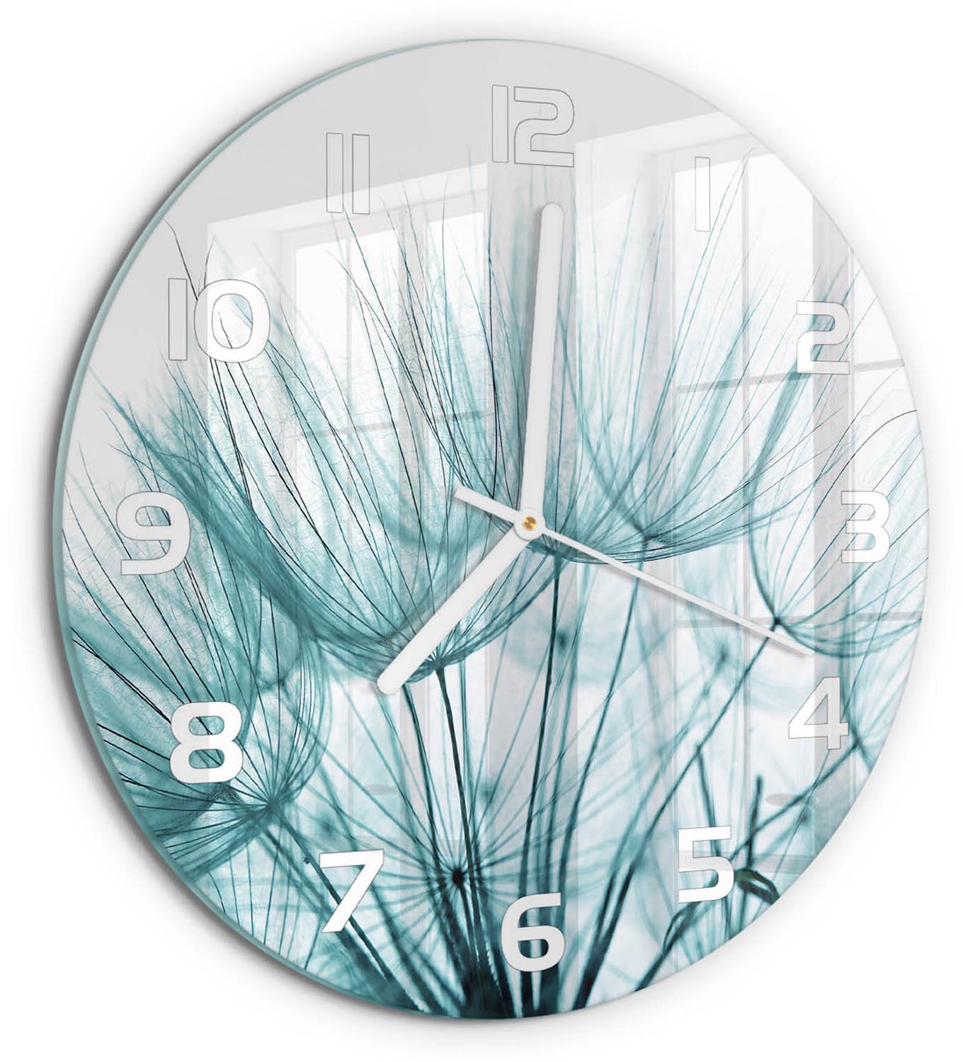 TULUP Wandklok - Paardenbloemzaden Glazen Wandklok Design - fi30 cm - Wit Klok Glas Met Opdruk - Witte handen - Ronde Klok - Wandklok Glas Met Motief - Decoratieve Glazen Klok