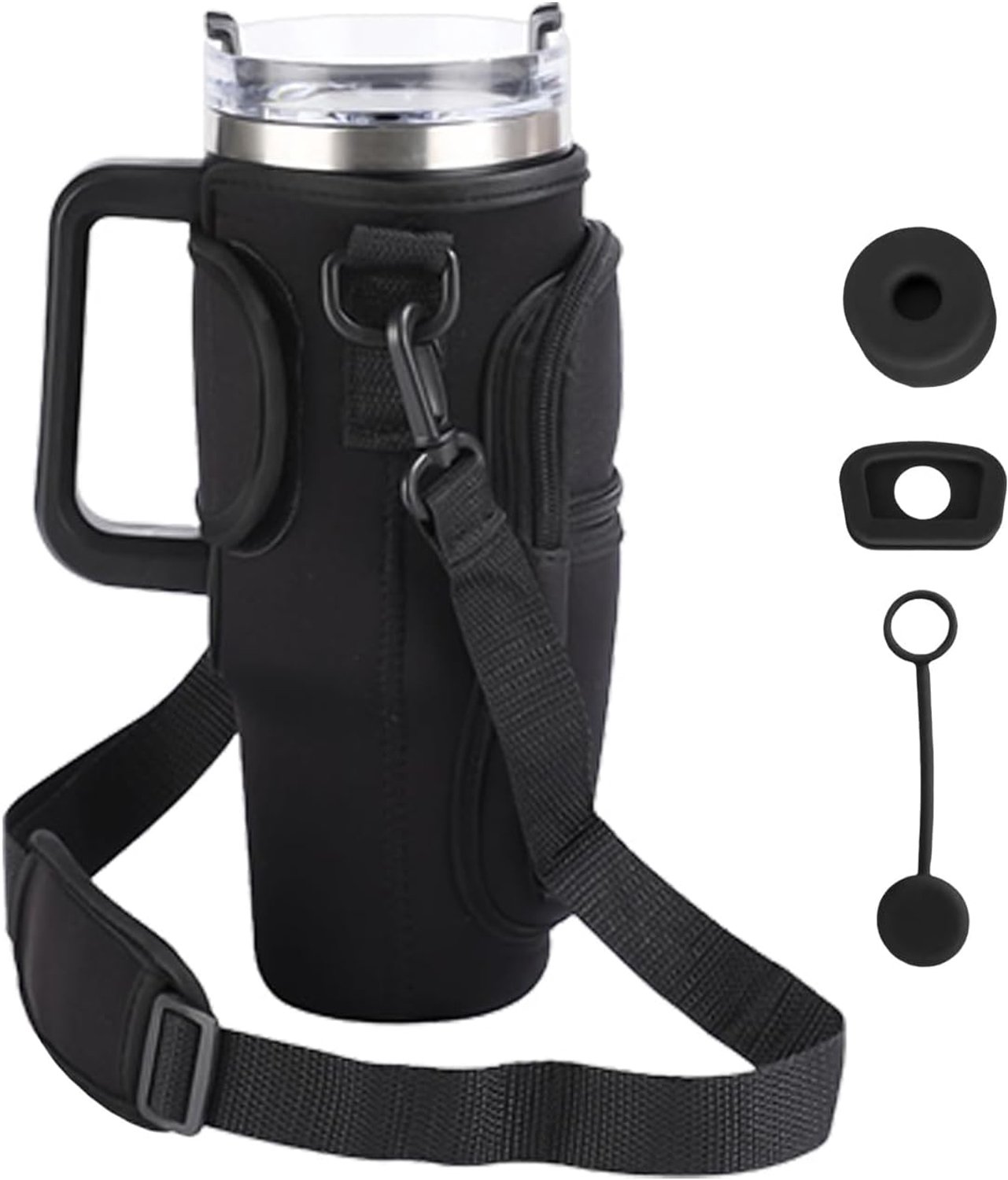Cupholder zwart 24 x 7.5 cm - met handvat en deksel - verstelbare schouderband - ideaal voor in de auto - ShopVlot