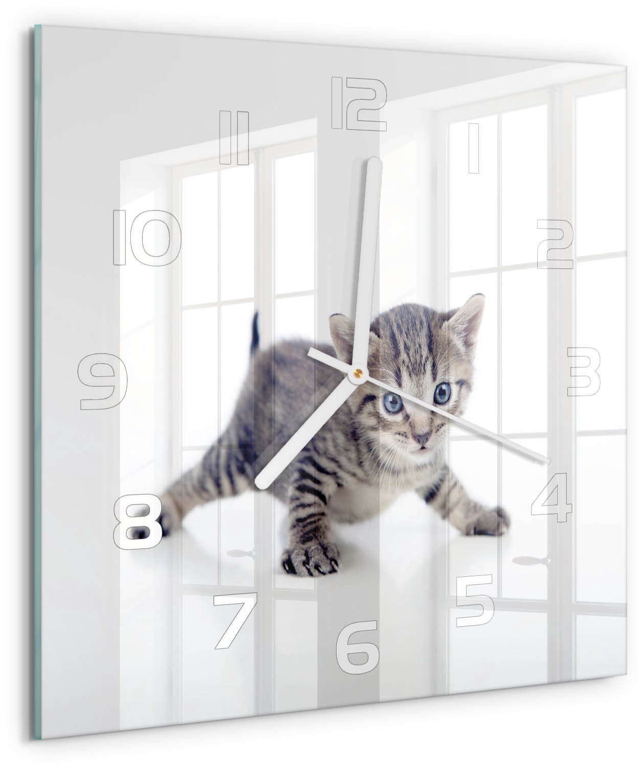 Tulup Wandklok - Kleine kat Glazen Wandklok Design - 30x30 cm - Grijs Klok Glas Met Opdruk - Witte handen - Vierkante Klok - Wandklok Glas Met Motief - Decoratieve Glazen Klok