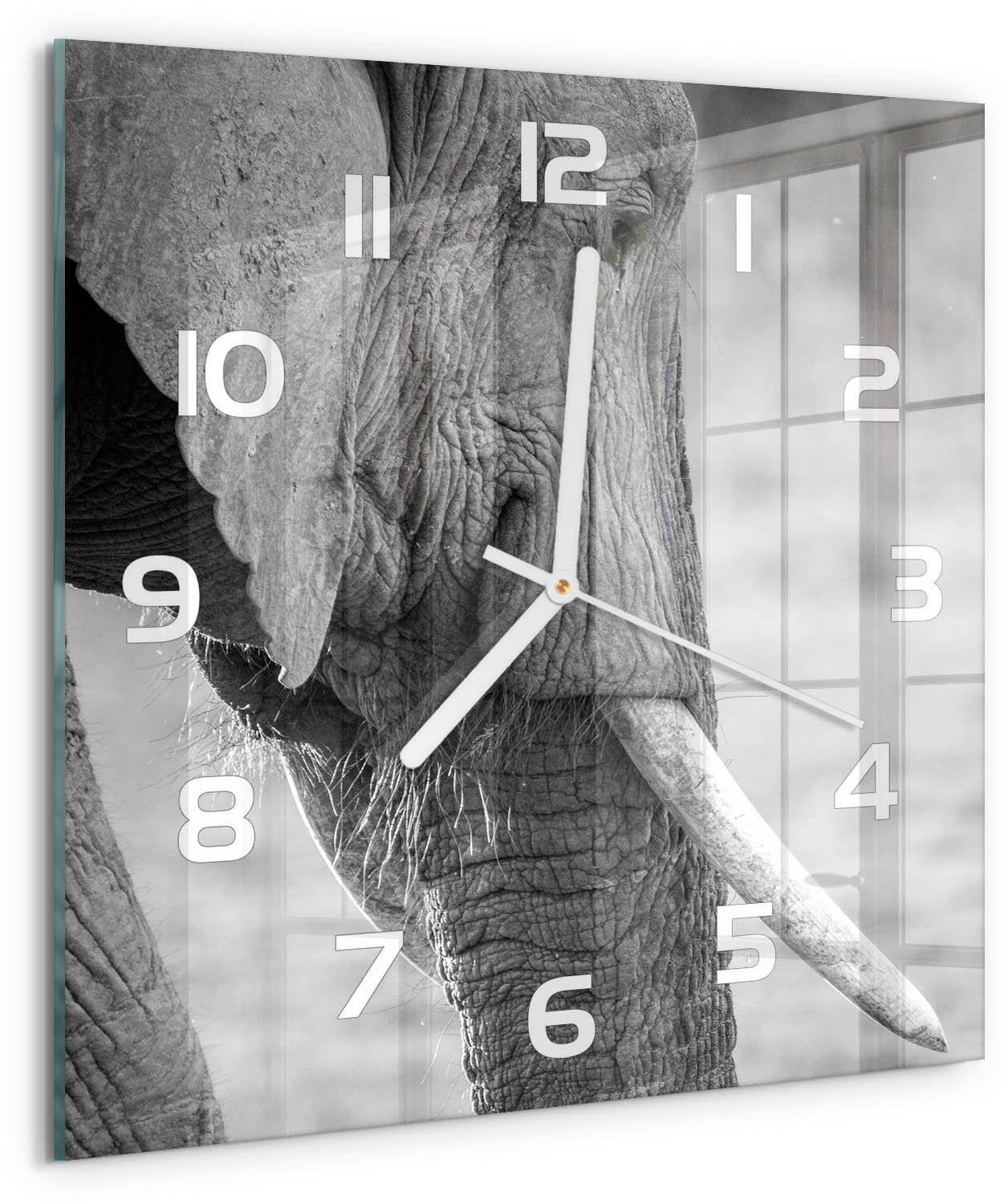 Tulup Wandklok - Olifant Glazen Wandklok Design - 30x30 cm - Zwart-wit Klok Glas Met Opdruk - Witte handen - Vierkante Klok - Wandklok Glas Met Motief - Decoratieve Glazen Klok