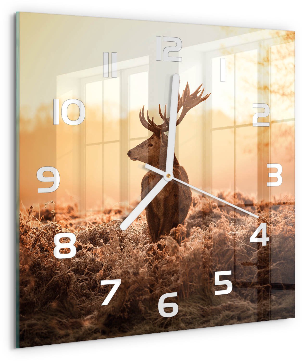 Tulup Wandklok - Zonsopgang boven de herten Decoratieve Glazen Klok - 30x30 cm - Bruin Glazen Wandklok Design - Witte handen - Vierkante Klok - Glazen Klok Met Print - Wandklok Glas Met Motief
