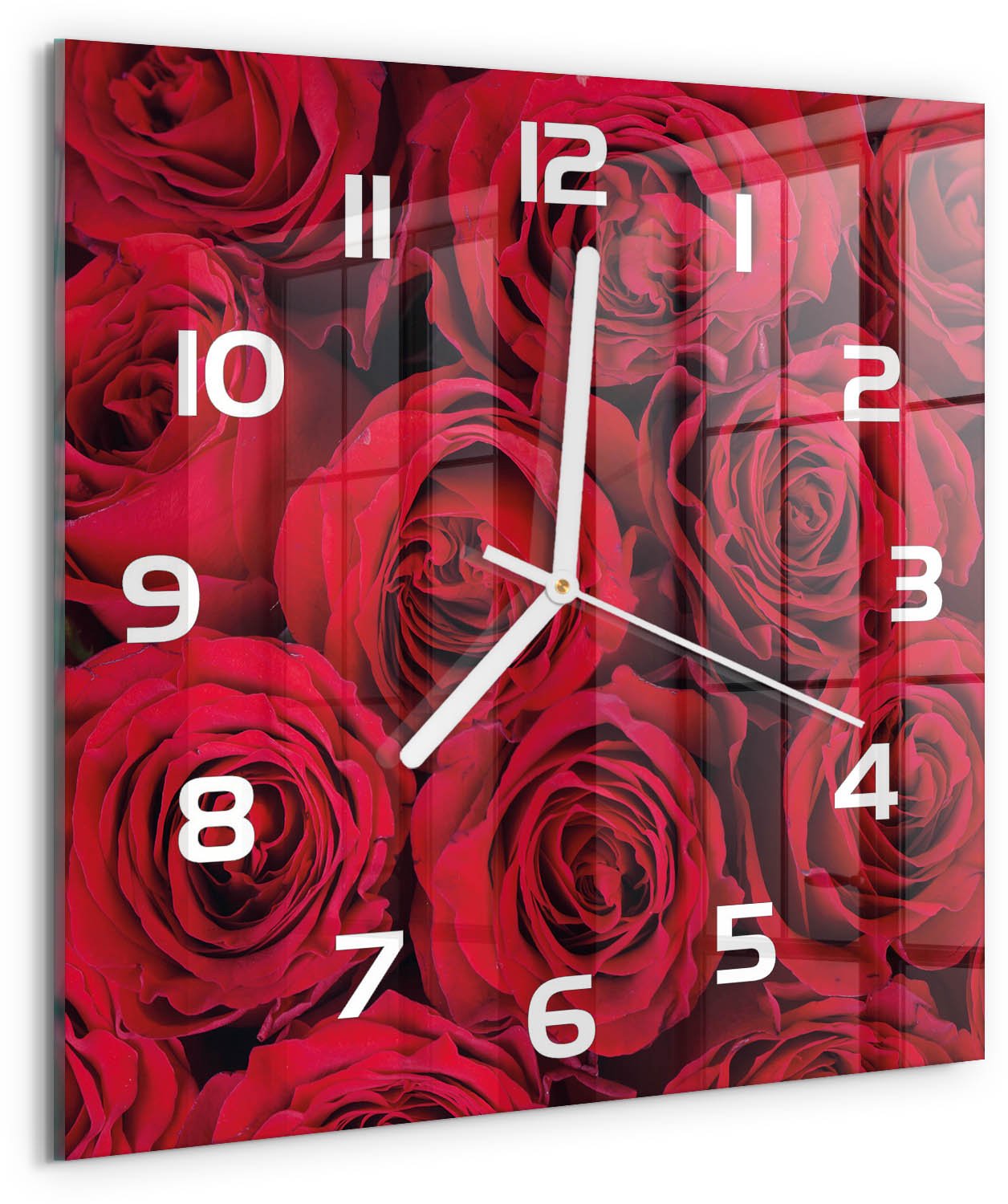 Tulup Wandklok - Rozen Klok Glas Met Opdruk - 30x30 cm - Rood Moderne Wandklok Glas - Witte handen - Vierkante Klok - Decoratieve Glazen Klok - Glazen Wandklok Design