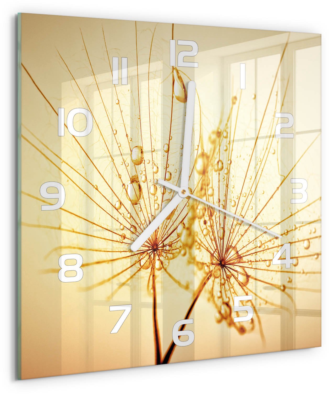 Tulup Wandklok - Paardenbloemzaden Wandklok Glas Decoratie - 30x30 cm - Beige Gekleurde Glazen Klok - Witte handen - Vierkante Klok - Klok Glas Met Opdruk - Moderne Wandklok Glas