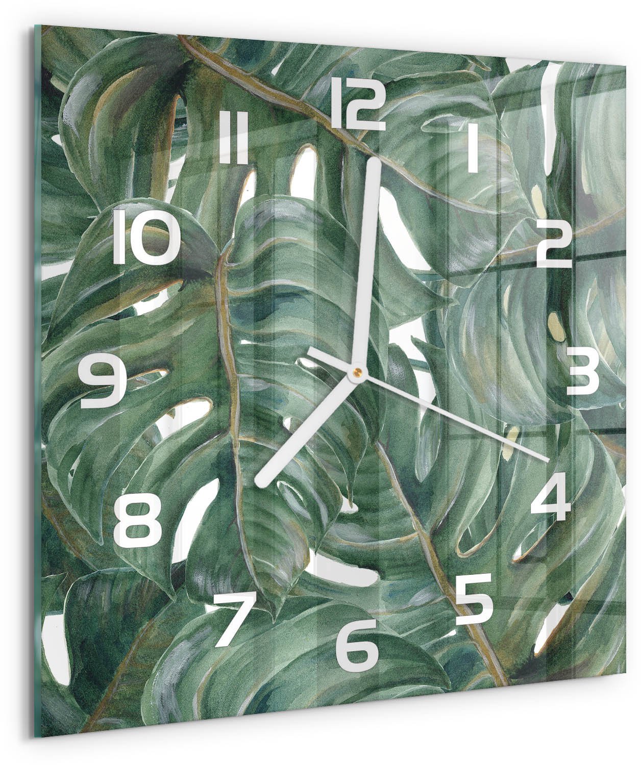 Tulup Wandklok - Monstera Moderne Wandklok Glas - 30x30 cm - Groente Wandklok Glas Decoratie - Witte handen - Vierkante Klok - Glazen Wandklok Design - Klok Glas Met Opdruk