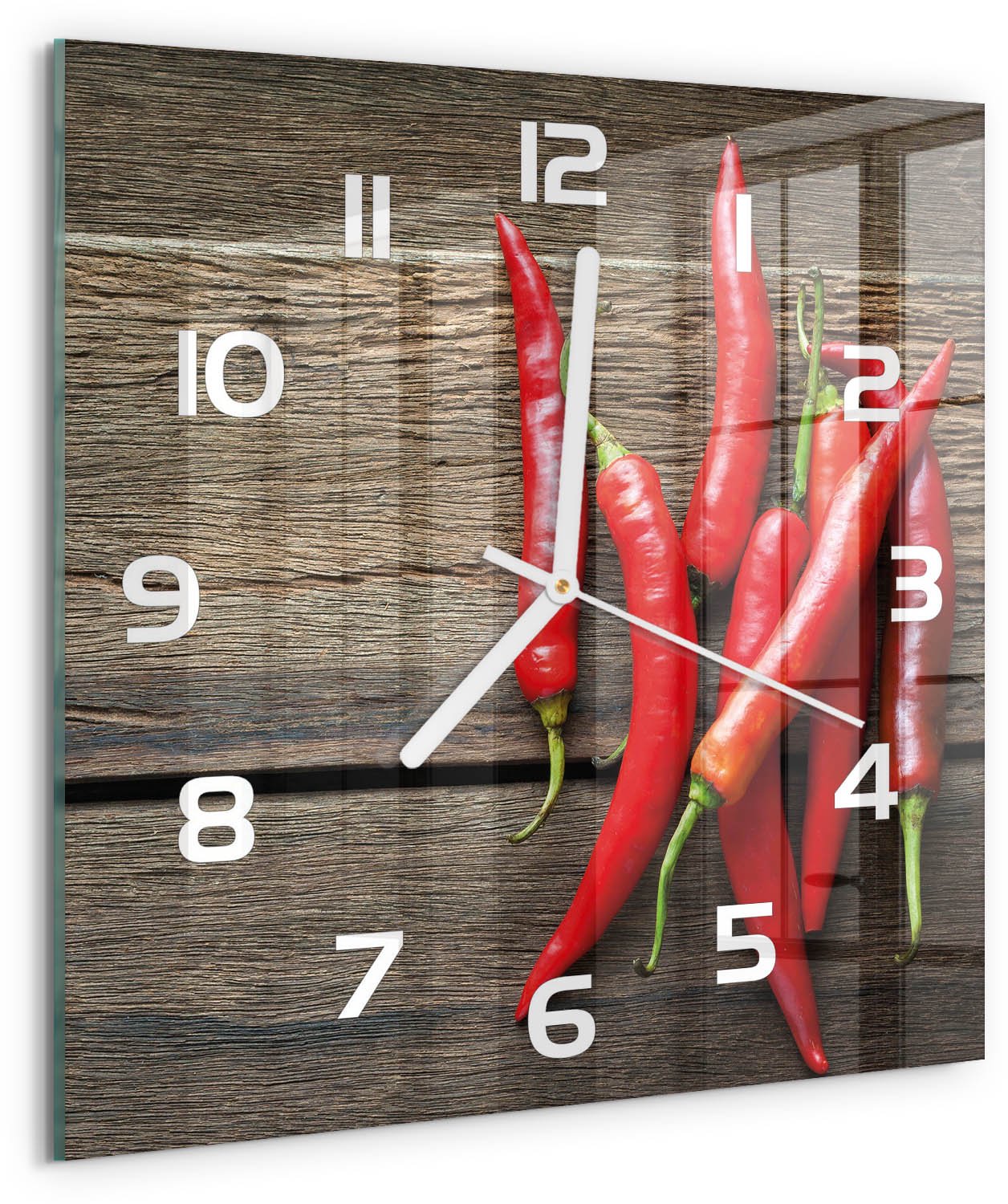 Tulup Wandklok - Chilipepers Decoratieve Glazen Klok - 30x30 cm - Rood Glazen Wandklok Design - Witte handen - Vierkante Klok - Glazen Klok Met Print - Wandklok Glas Met Motief