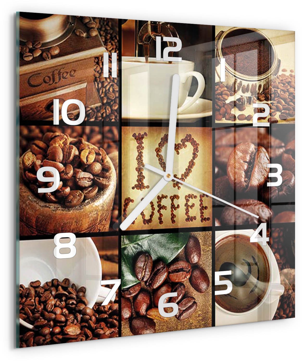 Tulup Wandklok - Koffiecollage Klok Glas Met Opdruk - 30x30 cm - Bruin Moderne Wandklok Glas - Witte handen - Vierkante Klok - Decoratieve Glazen Klok - Glazen Wandklok Design