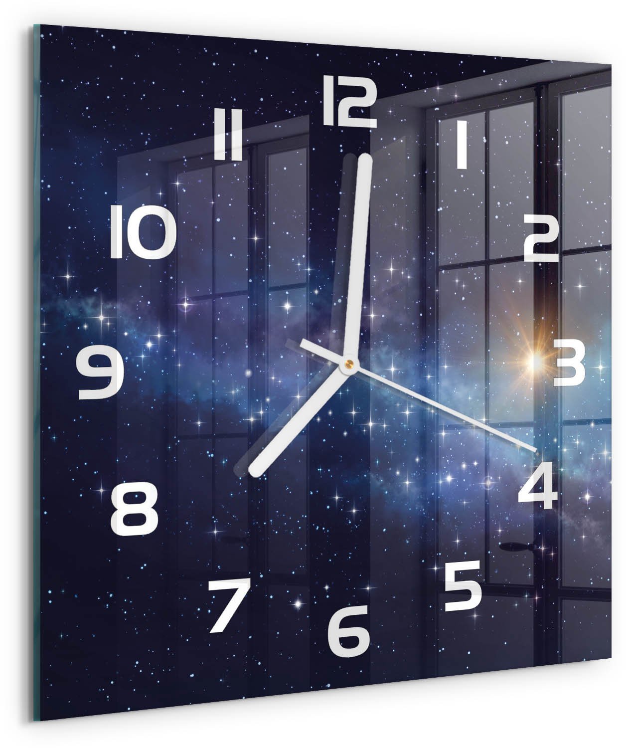 TULUP Wandklok - Melkwegstelsel Glazen Klok Met Print - 30x30 cm - Blauw Wandklok Glas Met Motief - Witte handen - Vierkante Klok - Wandklok Glas Decoratie - Gekleurde Glazen Klok