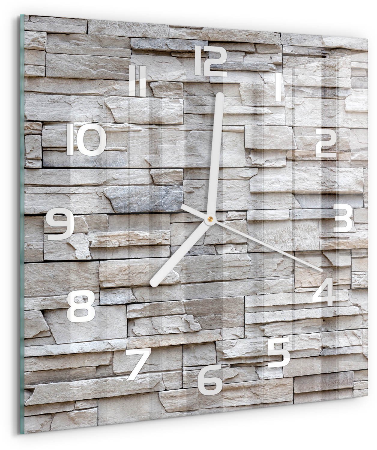 TULUP Wandklok - Stenen muur Glazen Wandklok Design - 30x30 cm - Beige Klok Glas Met Opdruk - Witte handen - Vierkante Klok - Wandklok Glas Met Motief - Decoratieve Glazen Klok