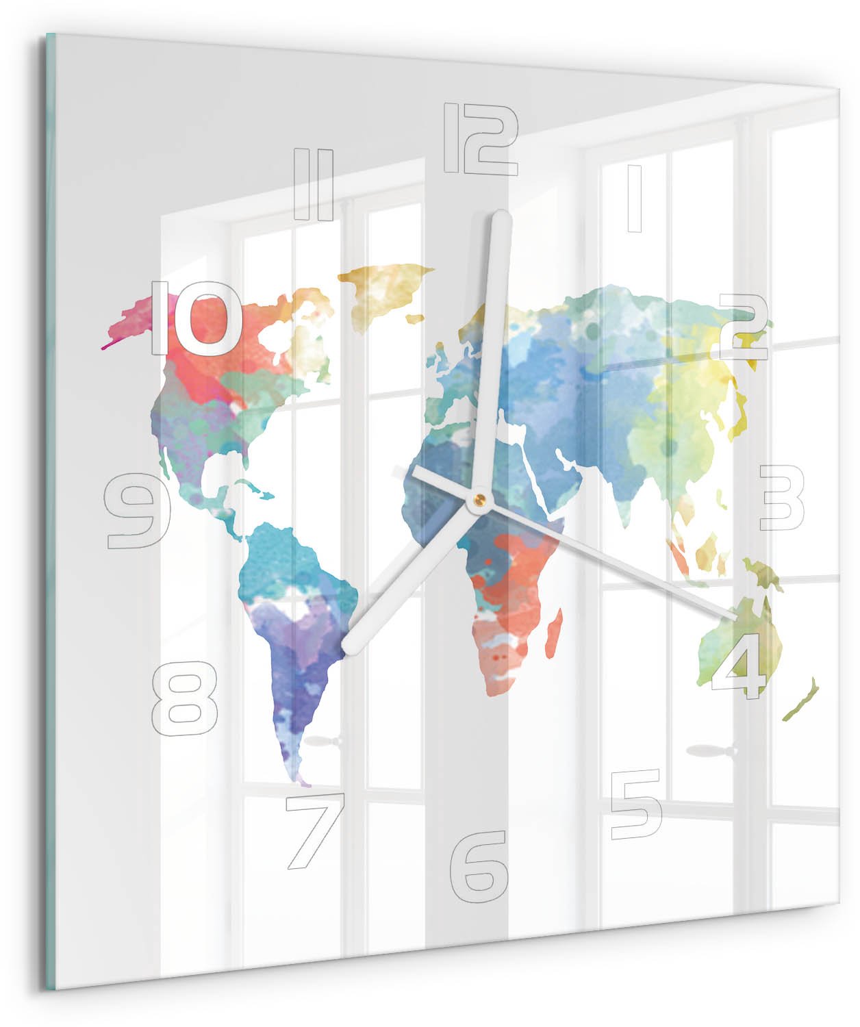 Tulup Wandklok - Wereldkaart Wandklok Glas Decoratie - 30x30 cm - Veelkleurig Gekleurde Glazen Klok - Witte handen - Vierkante Klok - Klok Glas Met Opdruk - Moderne Wandklok Glas